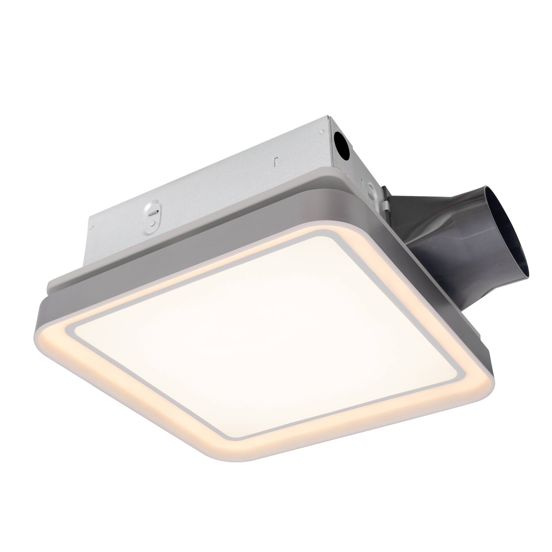 Akicon - DC Bathroom Exhaust Fan Light, 50 80 100 CFM, 15 Watt Dimmable 3CCT LED Light with 2 Color Night Light, Square - Silver