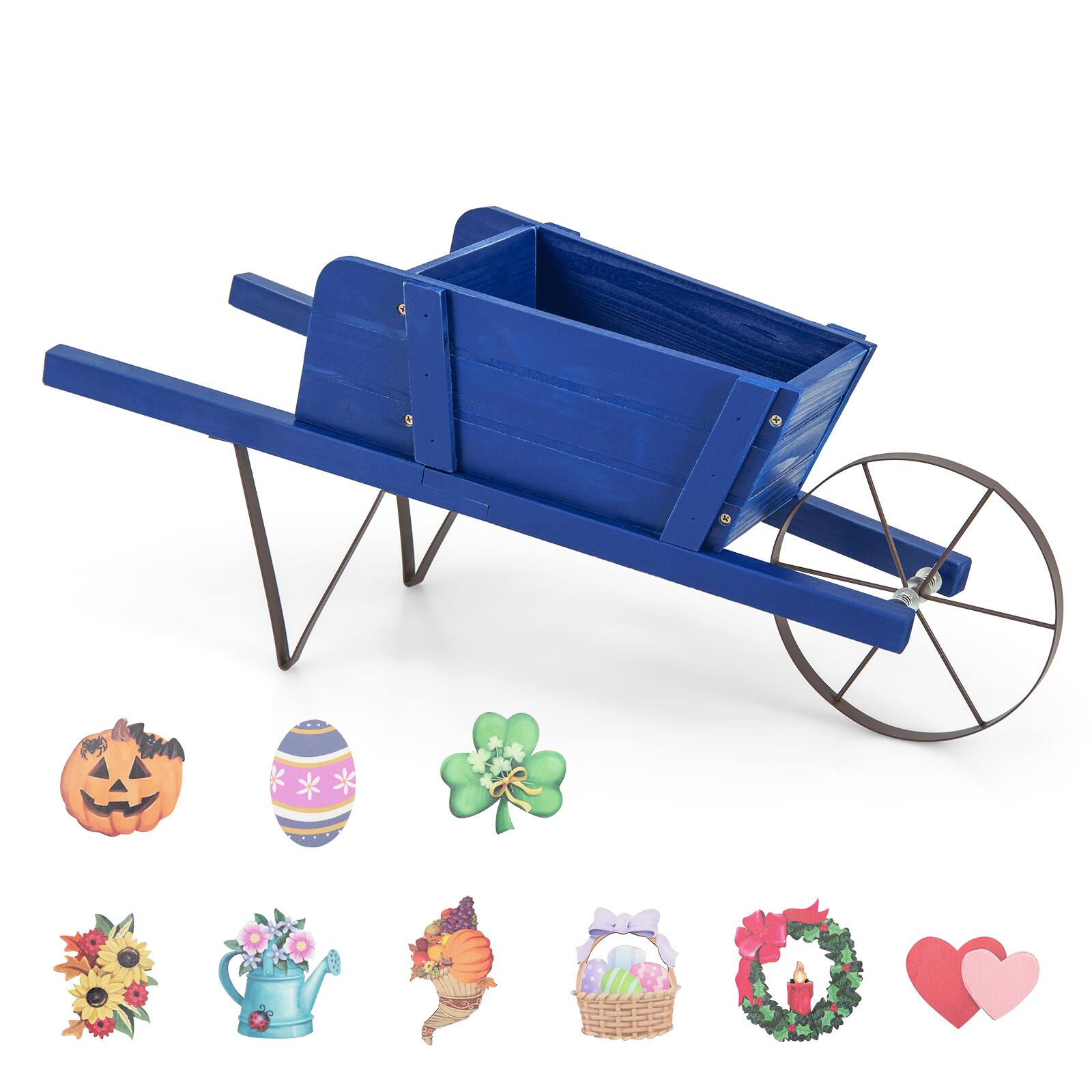 Alt View 2. Costway - Wooden Wagon Planter Decorative Indoor/Outdoor Rustic Flower Cart with Wheel - Blue.