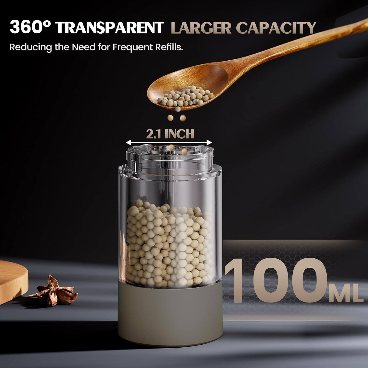 360° TRANSPARENT LARGER CAPACITY  
Reducing the Need for Frequent Refills.  
2.1 INCH  
100 ML
