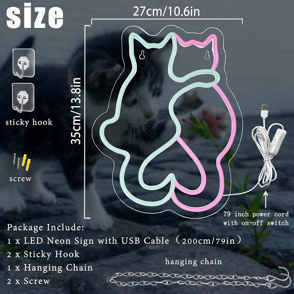 **Size:**
- 27cm/10.6in
- 35cm/13.8in

**Package Include:**
- 1 x LED Neon Sign with USB Cable (200cm/79in)
- 2 x Sticky Hook
- 1 x Hanging Chain
- 2 x Screw

**Additional Details:**
- 79 inch power cord with on-off switch