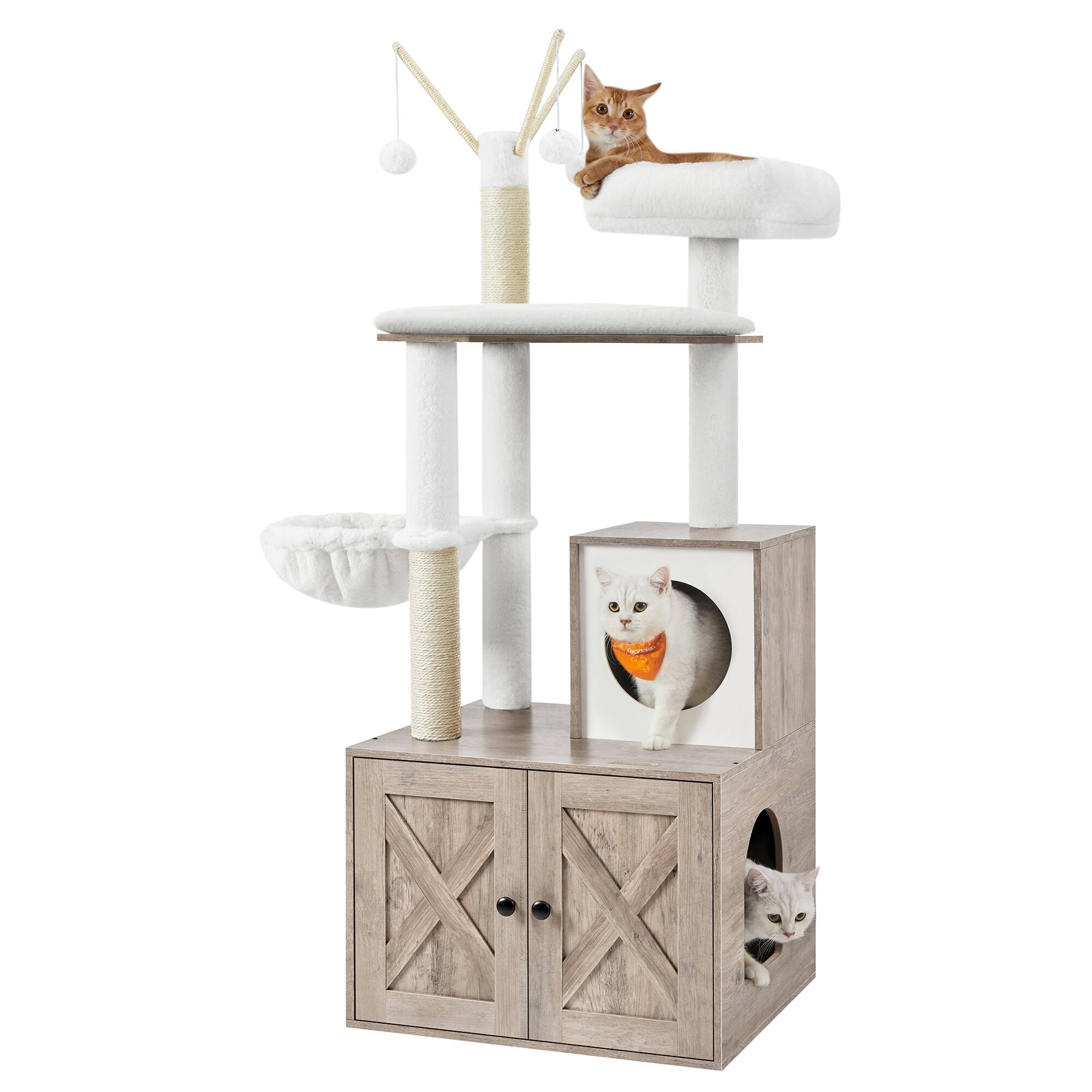 Front. Songmics Home - Cat Tree with Litter Box Enclosure, 59-Inch Modern Cat Tower, 2-in-1 Condo with Scratching Posts - Greige.