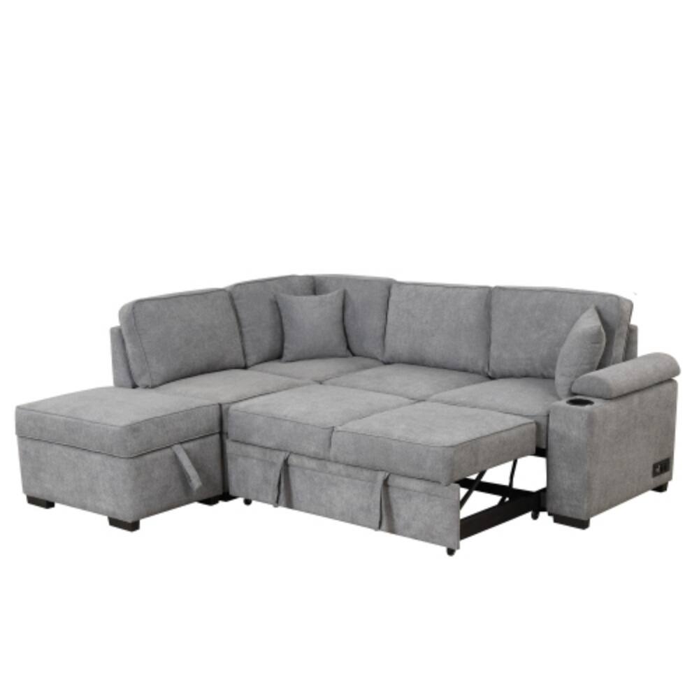 Alt View 4. LUCKY ONE - 84.75" 2-in-1 Pull-Out L-Shape Sleeper Sofa Bed w/ Storage Ottoman for Apartment - Gray.