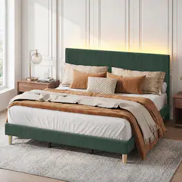 Bestier - King Size Velvet Upholstered Platform Bed Frame with Storage Headboard LED Lights - Green
