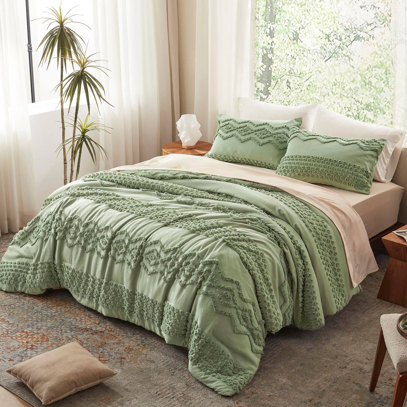 Back. PARKER SLATER - Sage Green Tufted Comforter Set King Size 3 Pieces Boho Shabby Chic Farmhouse Embroidery Bedding Soft For All... - Olive Green-Queen.