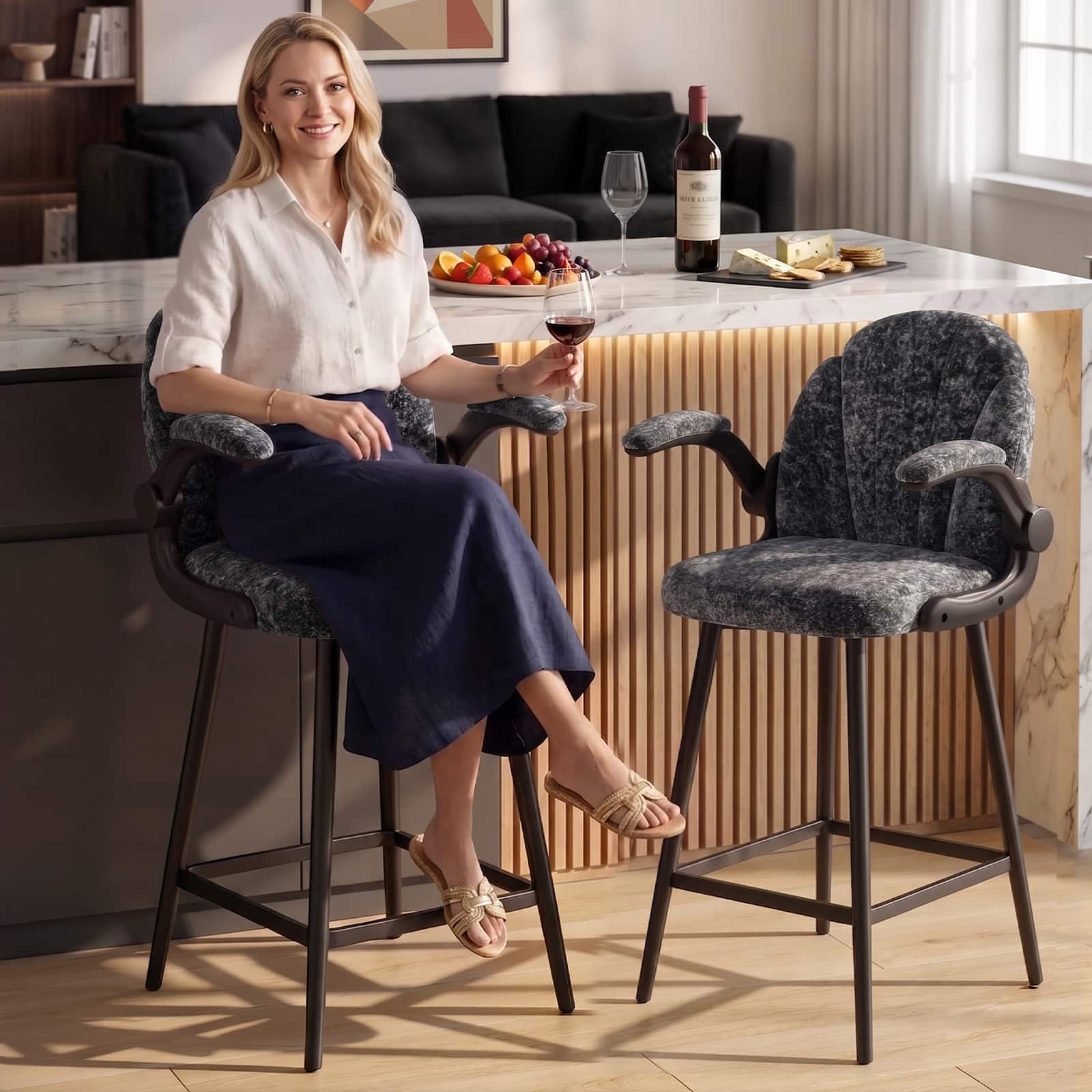 Bestier - Bar Stools Set of 2 Modern Adjustable Counter Height Chairs with 360 Degree Swivel Armrests Soft Velvet - Charcoal gray plush velvet