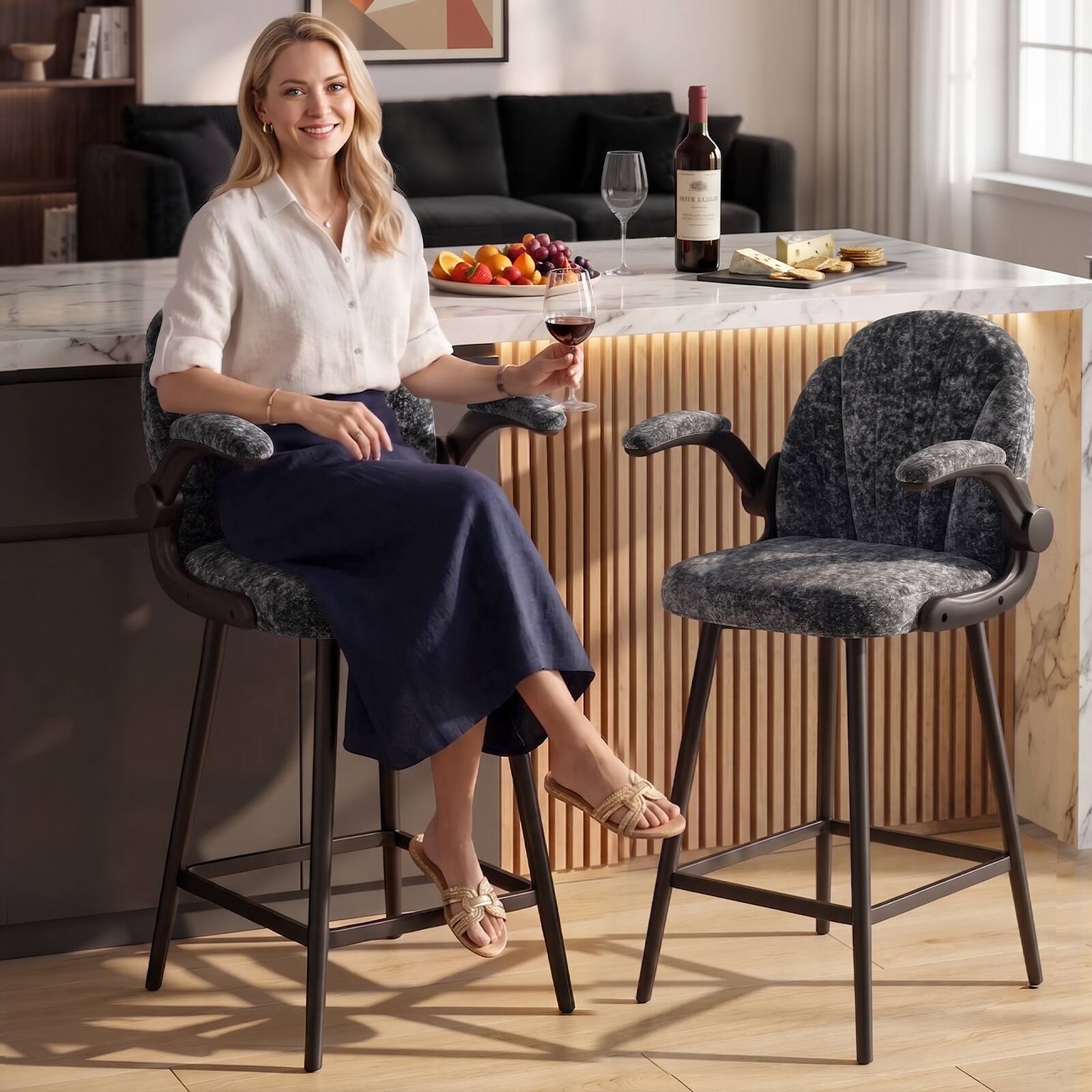 Front. Bestier - Bar Stools Set of 2 Modern Adjustable Counter Height Chairs with 360 Degree Swivel Armrests Soft Velvet - Charcoal gray plush velvet.