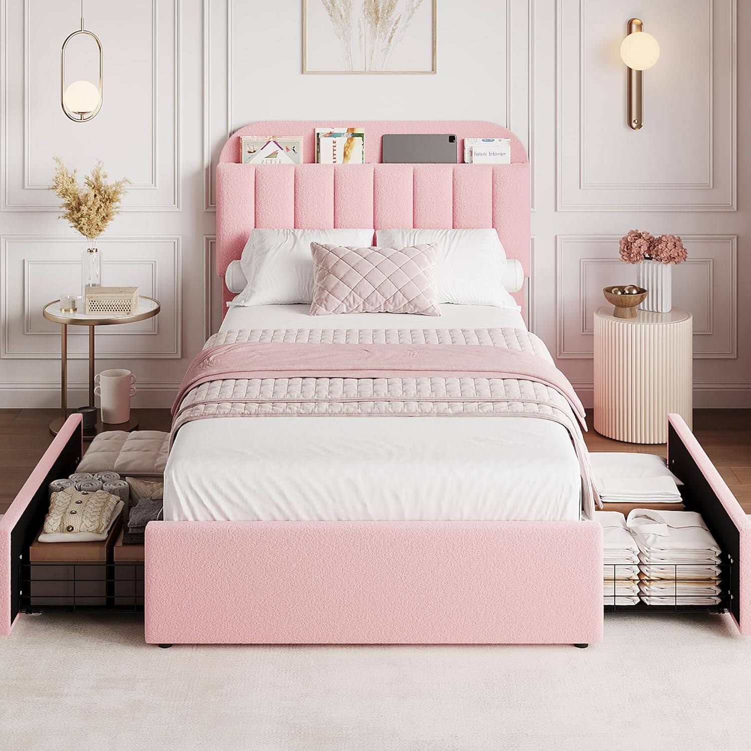 Back. Acekool - Twin Bed Frame with Storage Headboard & 2 Drawers, Girls Boucle Upholstered Platform Bed with Built-In Bookcase, Yellow - Yellow.