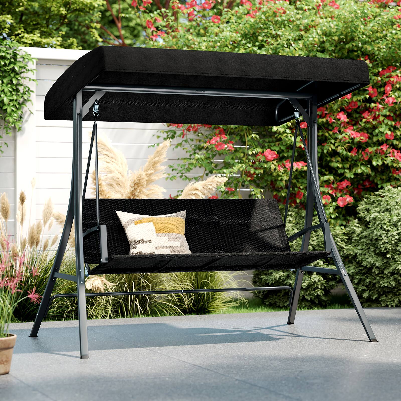 Alt View 3. Gymax - Gymax 3-Person Porch Swing w/ Stand w/ Rattan Seat Back Metal Frame Adjustable Shade - Black.