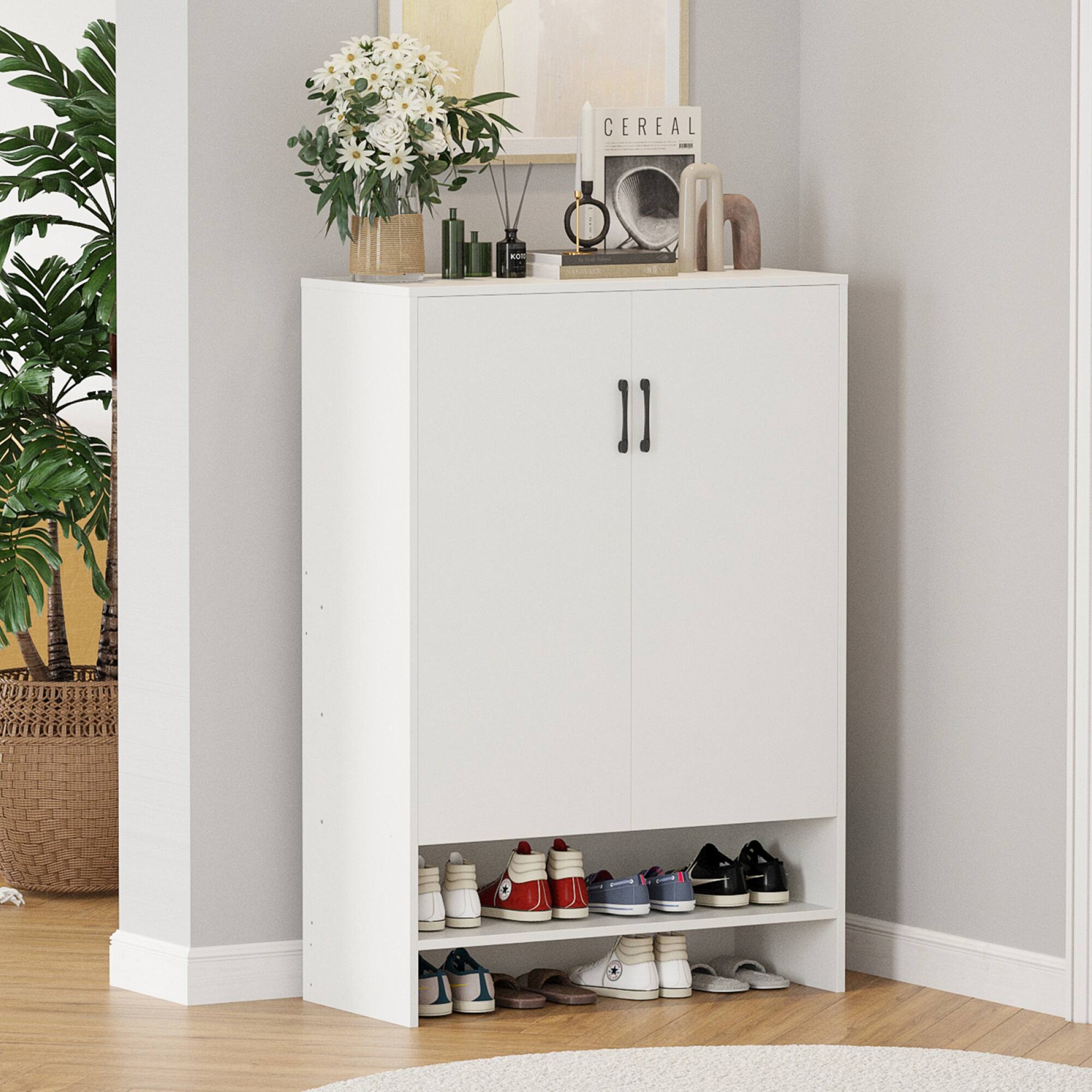 Left. GOODSILO - 7-Tier Hidden Shoe Storage Cabinet with Adjustable Shelves for Entryway Hallway Living Room Organizer - White.