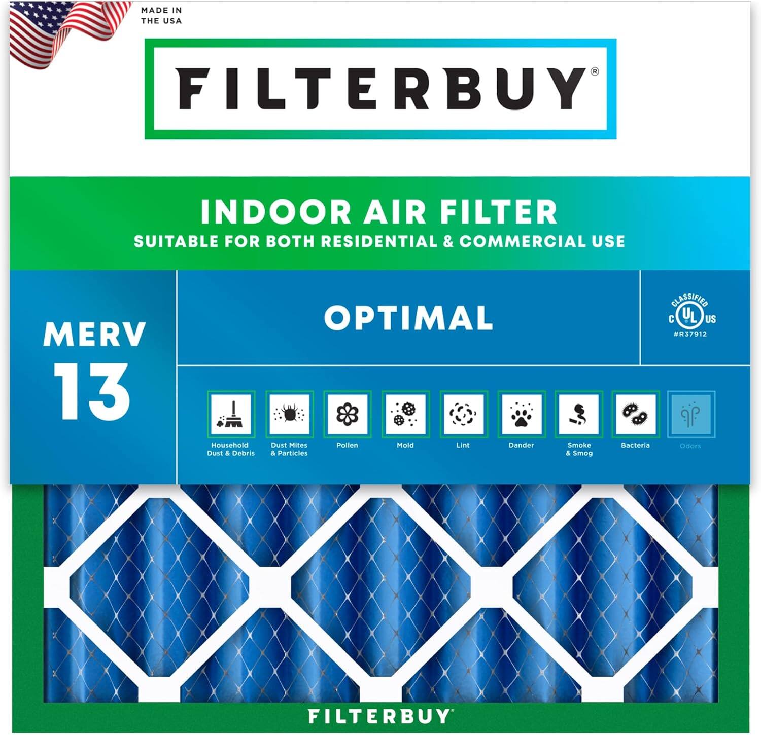Filterbuy - 12x12x4 MERV 13 Smoke & Allergy Defense, Electrostatic Pleated HVAC AC Furnace Air Filters Replacement (1-Pack) - Blue