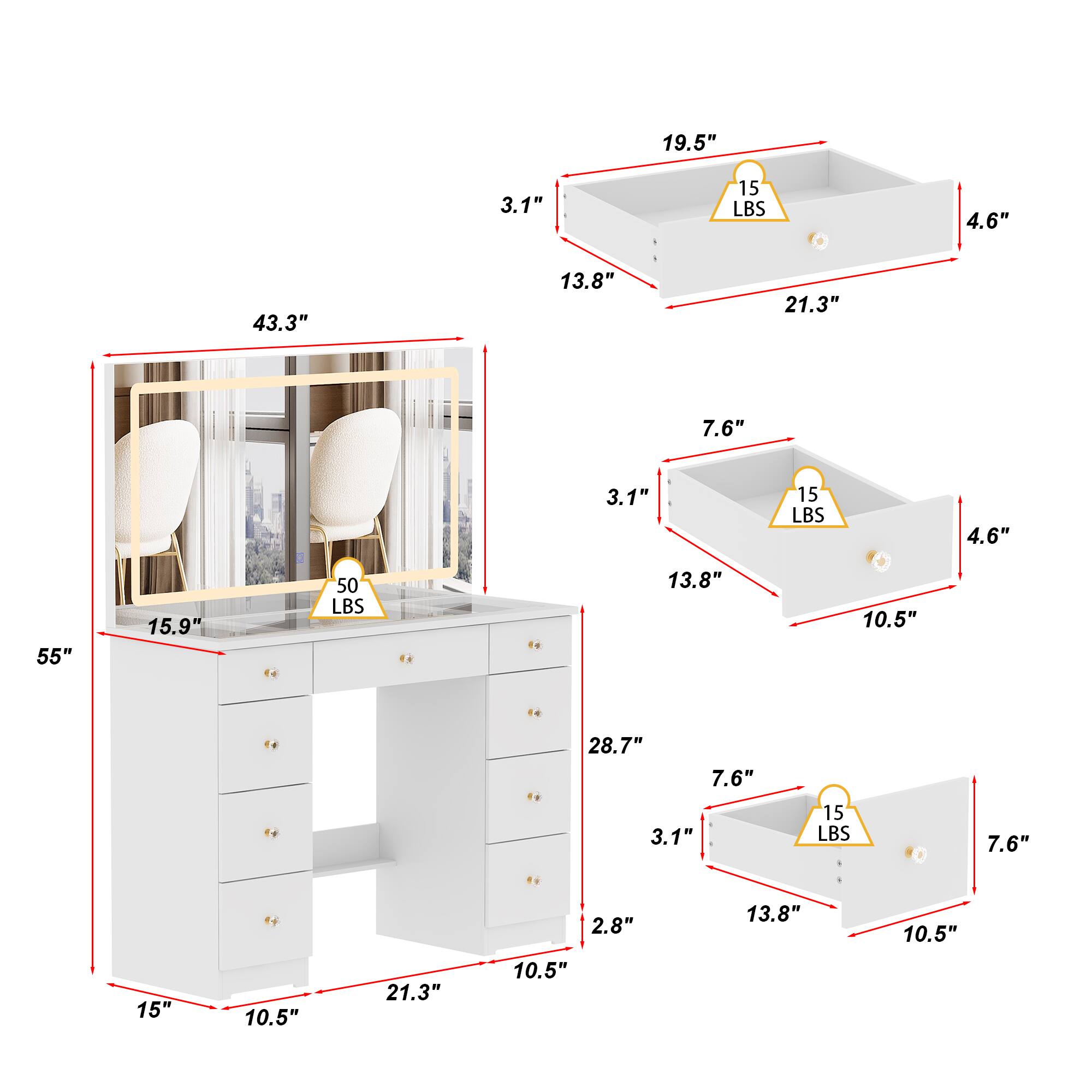 Here is the corrected and grouped text based on the image:

- **Dimensions of the desk:**
  - Width: 55"
  - Depth: 15.9"
  - Height: 10.5"
  - Drawer dimensions:
    - Width: 13.8"
    - Depth: 10.5"
    - Height: 2.8"
  - Shelf dimensions:
    - Width: 13.8"
    - Depth: 10.5"
    - Height: 7.6"
  - Overall dimensions:
    - Width: 55"
    - Depth: 28.7"
    - Height: 10.5"

- **Dimensions of the chair:**
  - Width: 19.5"
  - Depth: 4.6"
  - Height: 43.3"

- **Dimensions of the tray:**
  - Width: 19.5"
  - Depth: 4.6"
  - Height: 3.1"
  - Weight capacity: 15 LBS

- **Dimensions of the tray (second one):**
  - Width: 13.8"
  - Depth: 4.6"
  - Height: 3.1"
  - Weight capacity: 15 LBS

- **Dimensions of the tray (third one):**
  - Width: 7.6"
  - Depth: 4.6"
  - Height: 3.1"
  - Weight capacity: 15 LBS

- **Dimensions of the tray (fourth one):**
  - Width: 10.5"
  - Depth: 2.8"
  - Height: 3.1"
  - Weight capacity: 15 LBS

- **Weight capacity of the desk:**
  - 50 LBS