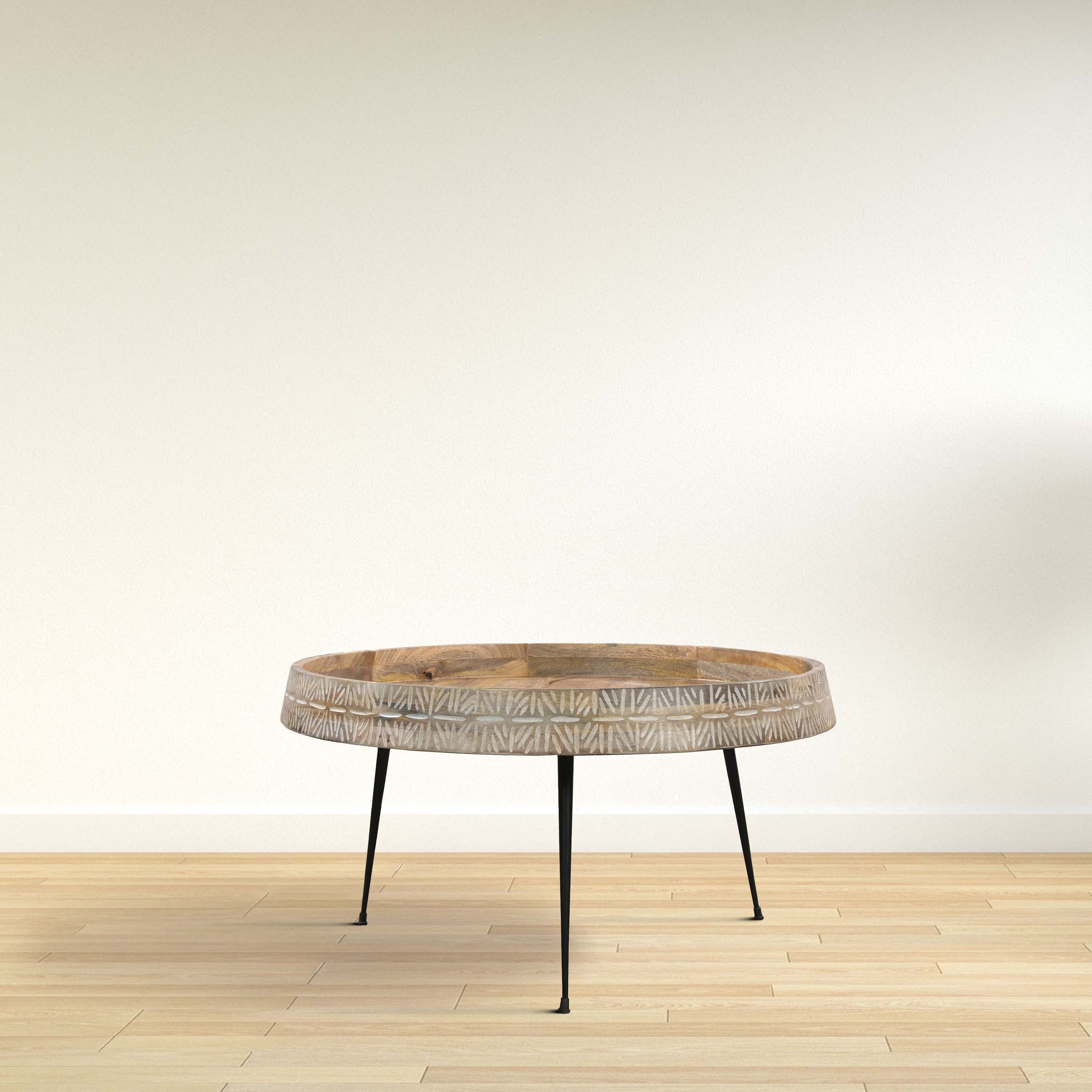 Alt View 8. Manhattan Lane - Gia 29 Inch Modern Handcrafted Round Coffee Table, Natural Brown Wood Top with Carved Edge, Black Iron Legs - Brown, Black, White.