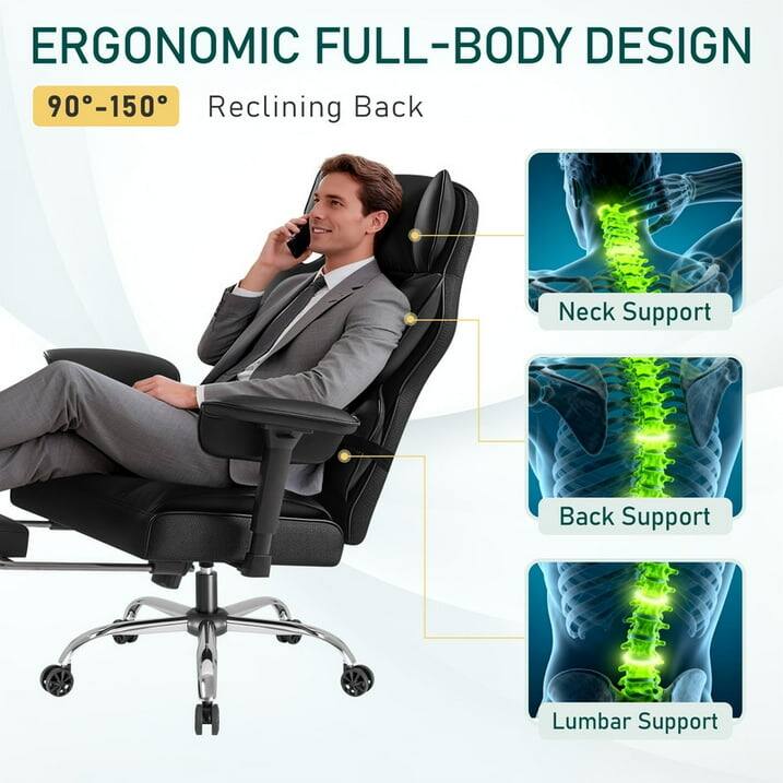ERGONOMIC FULL-BODY DESIGN  
90°-150° Reclining Back  
Neck Support  
Back Support  
Lumbar Support