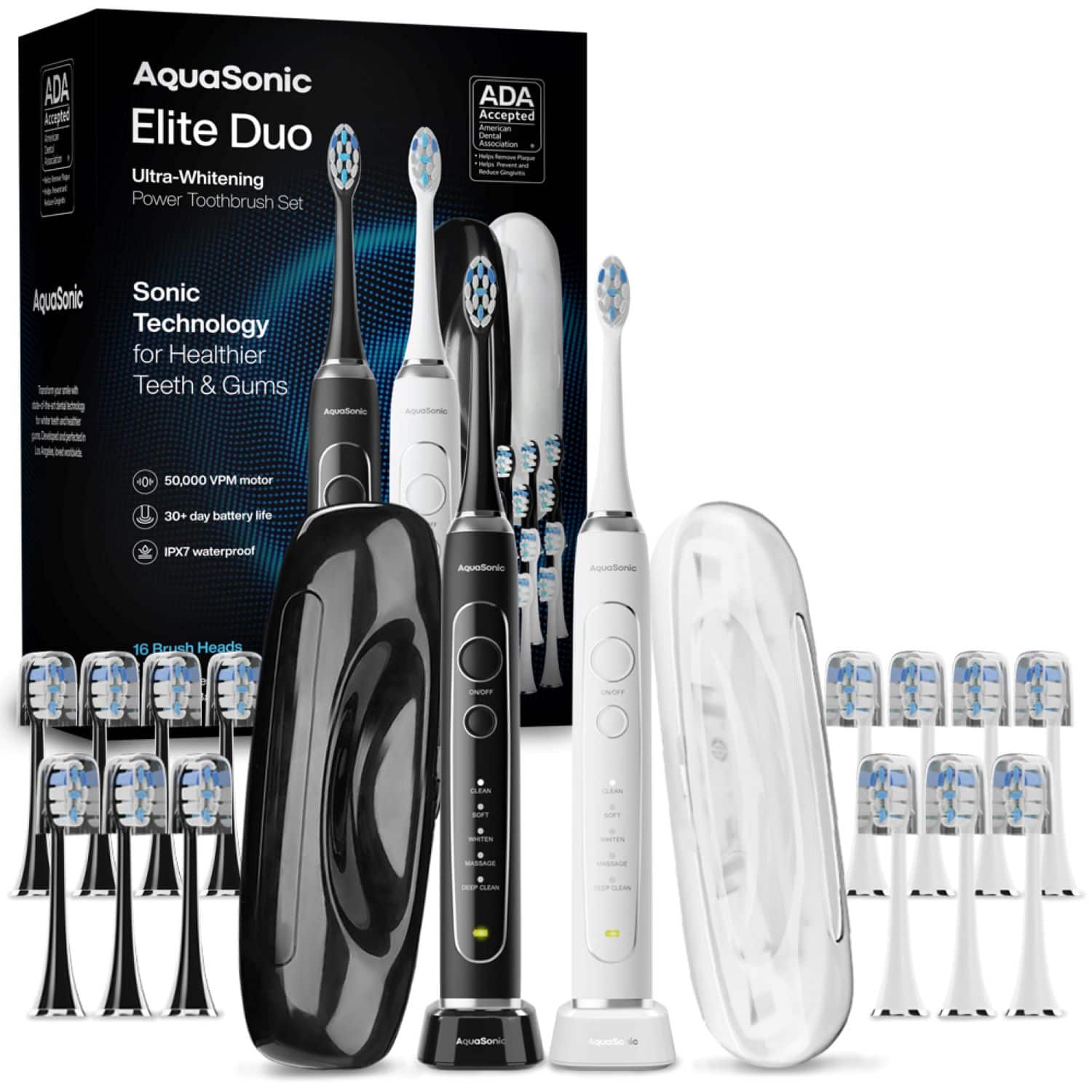 AquaSonic - Elite Duo Rechargeable Electric Toothbrush Set – ADA Accepted, 5 Modes, 2 Travel Cases, 16 Brush Heads - White/Black - Front_Zoom
