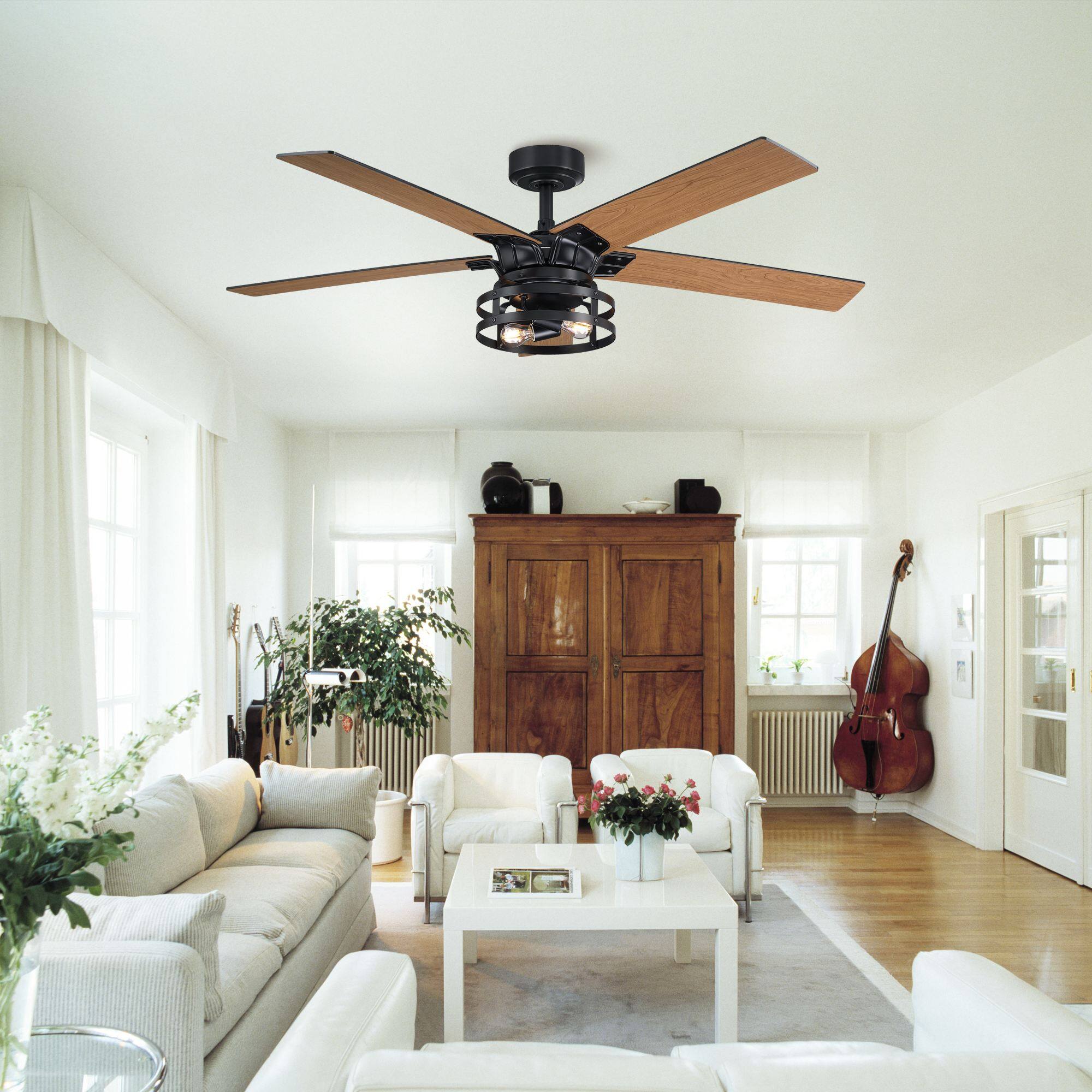 Angle. Parrot Uncle - 52 in. Modern Matte Black Reversible Blades Ceiling Fan with Light and Remote - Black.