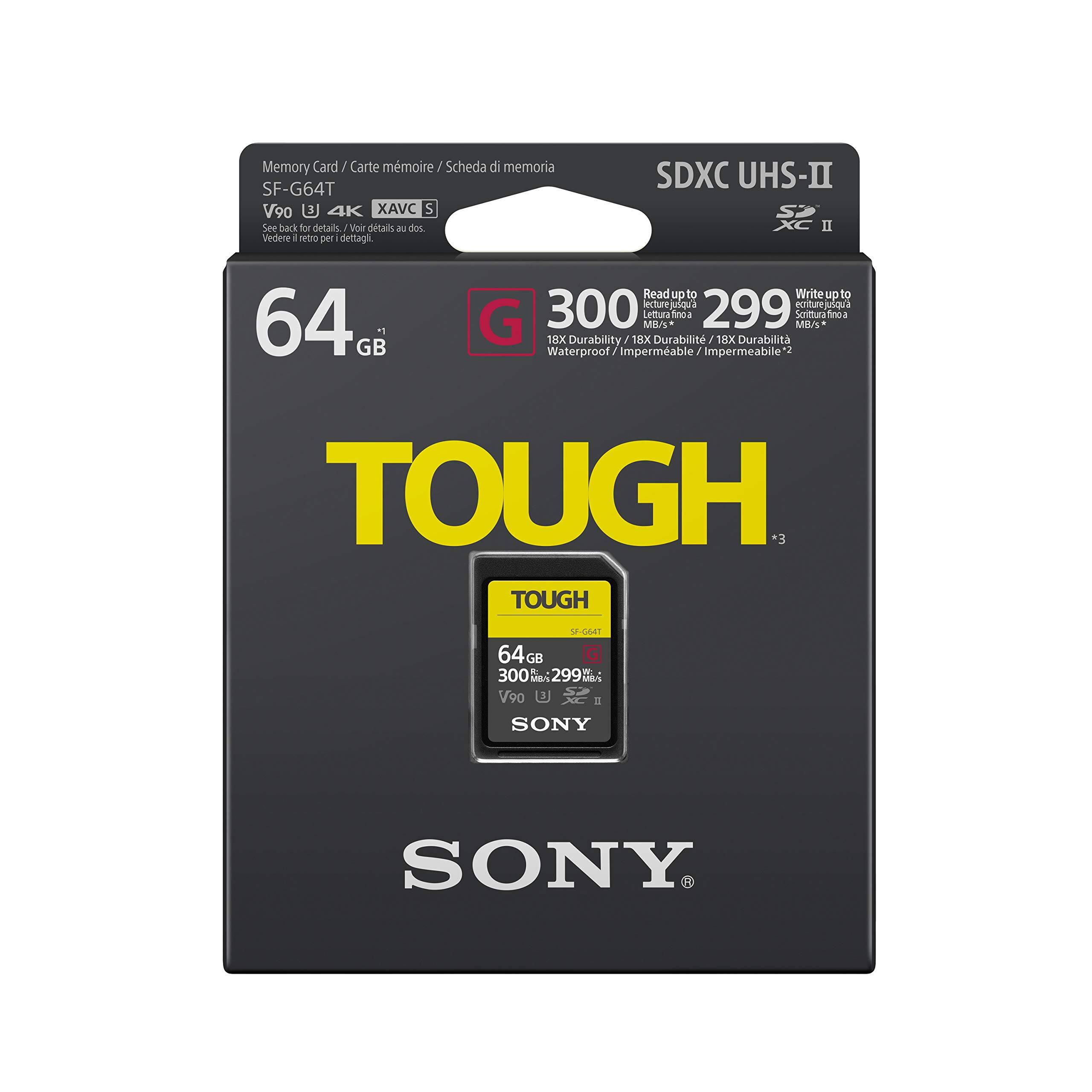 Memory Card / Carte mémoire / Scheda di memoria  
SF-G64T  
V90 U 4K XAVC S  
See back for details / Voir détails au dos / Vedere i dettagli sul retro  

64 GB  

SDXC UHS-II  

Read up to 300 MB/s / Lettura fino a 300 MB/s / Lecture jusqu'à 300 Mo/s  
Write up to 299 MB/s / Scrittura fino a 299 Mo/s  

Waterproof / Impermeabile / Impermeable  
18X Durability / Durabilità 18X / Durabilité 18X  

TOUGH  
SONY