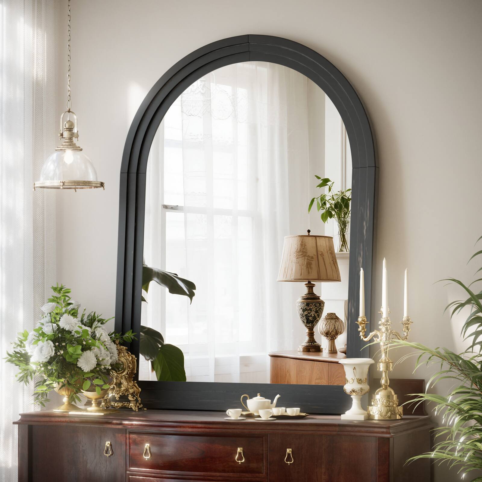 Angle. Easly - Black 30 in. W x 40 in. H Arched Wood Frame Vanity Wall Mirror - Black.
