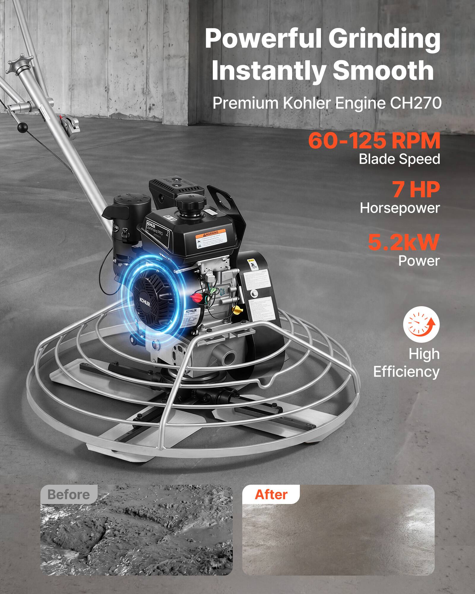 Powerful Grinding Instantly Smooth  
Premium Kohler Engine CH270  
60-125 RPM Blade Speed  
7 HP Horsepower  
5.2kW Power  
High Efficiency