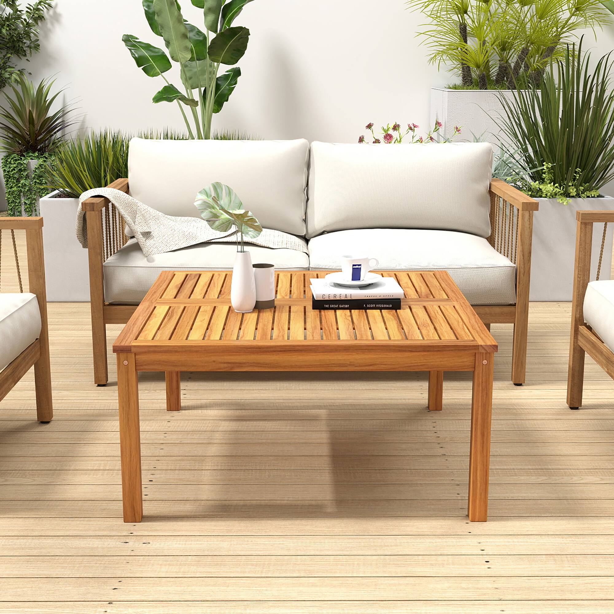 Alt View 3. Gymax - Gymax Outdoor Coffee Table w/ Slatted Tabletop Small Outside Table Square Patio Table - Natural.