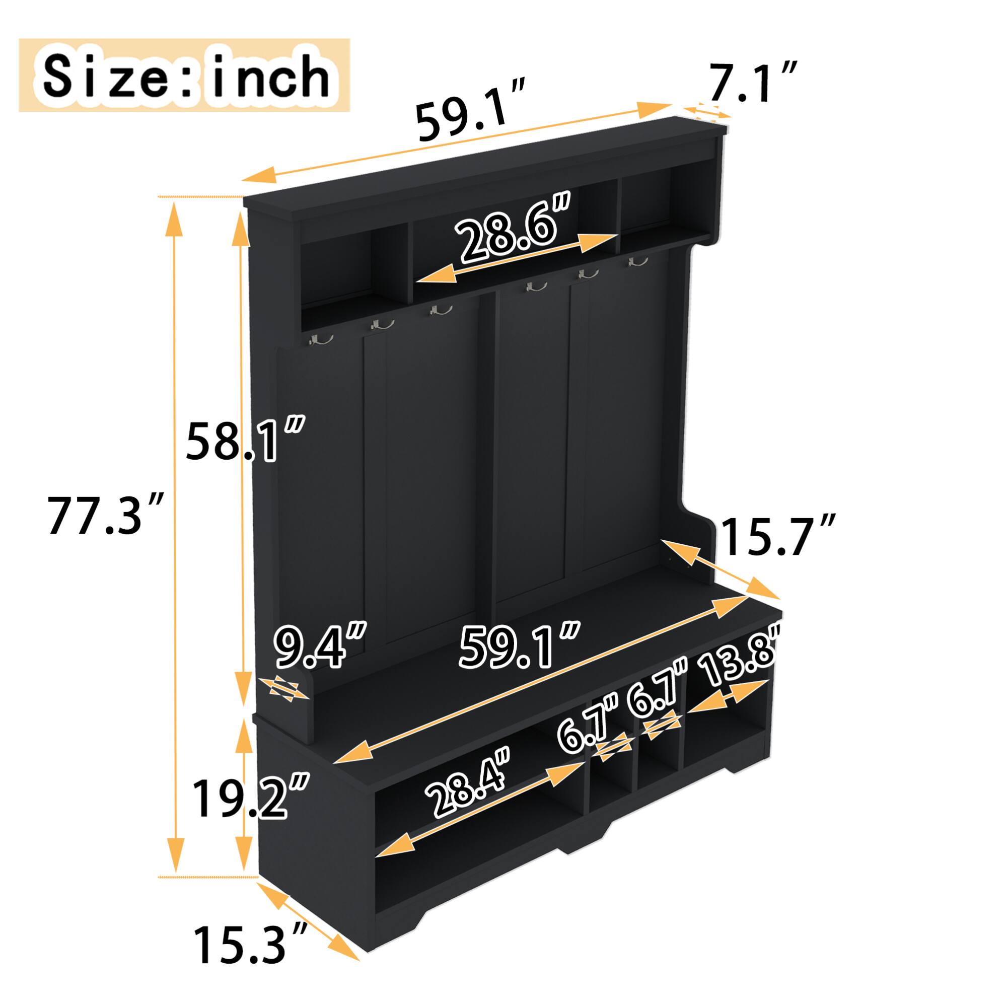 Sure, here is the corrected and grouped text from the image:

- Size: inch
- 77.3"
- 58.1"
- 59.1"
- 28.6"
- 15.7"
- 9.4"
- 19.2"
- 28.4"
- 15.3"
- 6.7"
- 6.7"
- 13.8"
- 7.1"