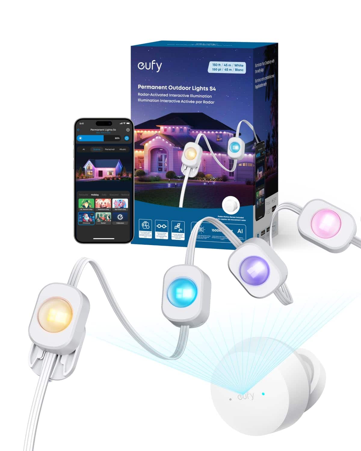 eufy - Permanent Outdoor Lights S4, 150ft 108 LEDs, 3D Radar, RGBWW, AI Themes, Music Mode, Matter, IP67, Halloween & Christmas