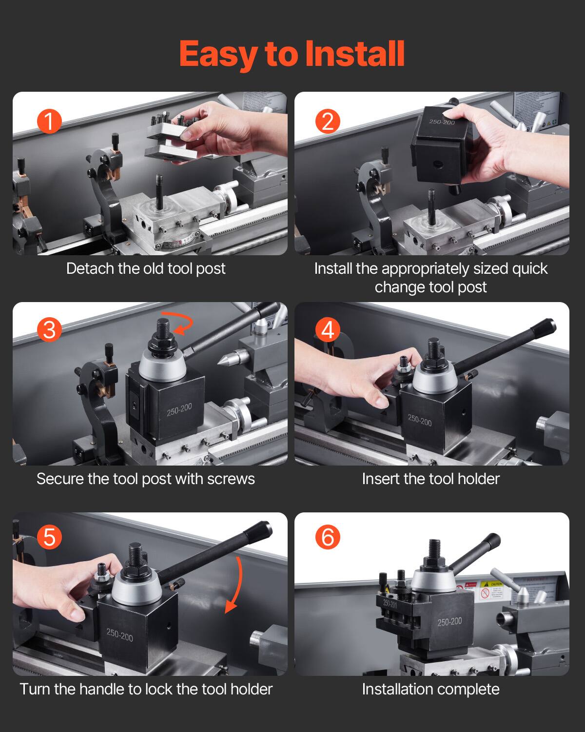 Easy to Install

1. Detach the old tool post
2. Install the appropriately sized quick change tool post
3. Secure the tool post with screws
4. Insert the tool holder
5. Turn the handle to lock the tool holder
6. Installation complete