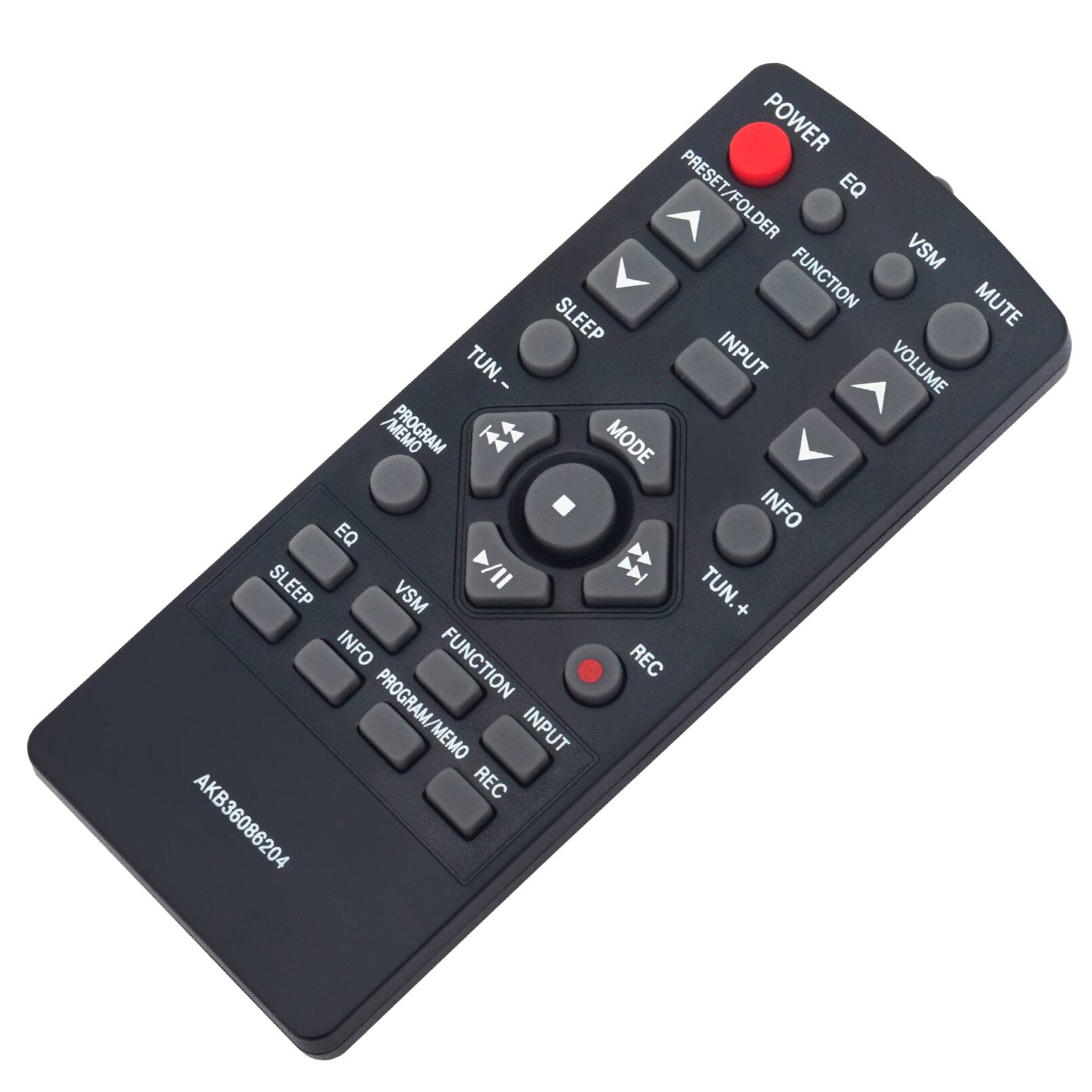 Sure, here is the corrected and grouped text from the image:

**Top Row:**
- POWER
- PRESET/FOLDER
- EQ
- VSM
- FUNCTION
- MUTE

**Middle Row:**
- SLEEP
- INPUT
- VOLUME
- TUN.-
- TUN.+

**Center Section:**
- PROGRAM/MEMO
- MODE
- INFO
- REC
- TUN.-
- TUN.+

**Bottom Row:**
- EQ
- SLEEP
- INFO
- PROGRAM/MEMO
- FUNCTION
- INPUT
- REC

**Additional Text:**
- AKB36086204