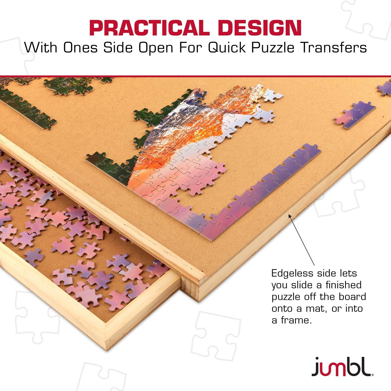 PRACTICAL DESIGN  
With One Side Open For Quick Puzzle Transfers  

Edgeless side lets you slide a finished puzzle off the board onto a mat, or into a frame.  

jumbl.