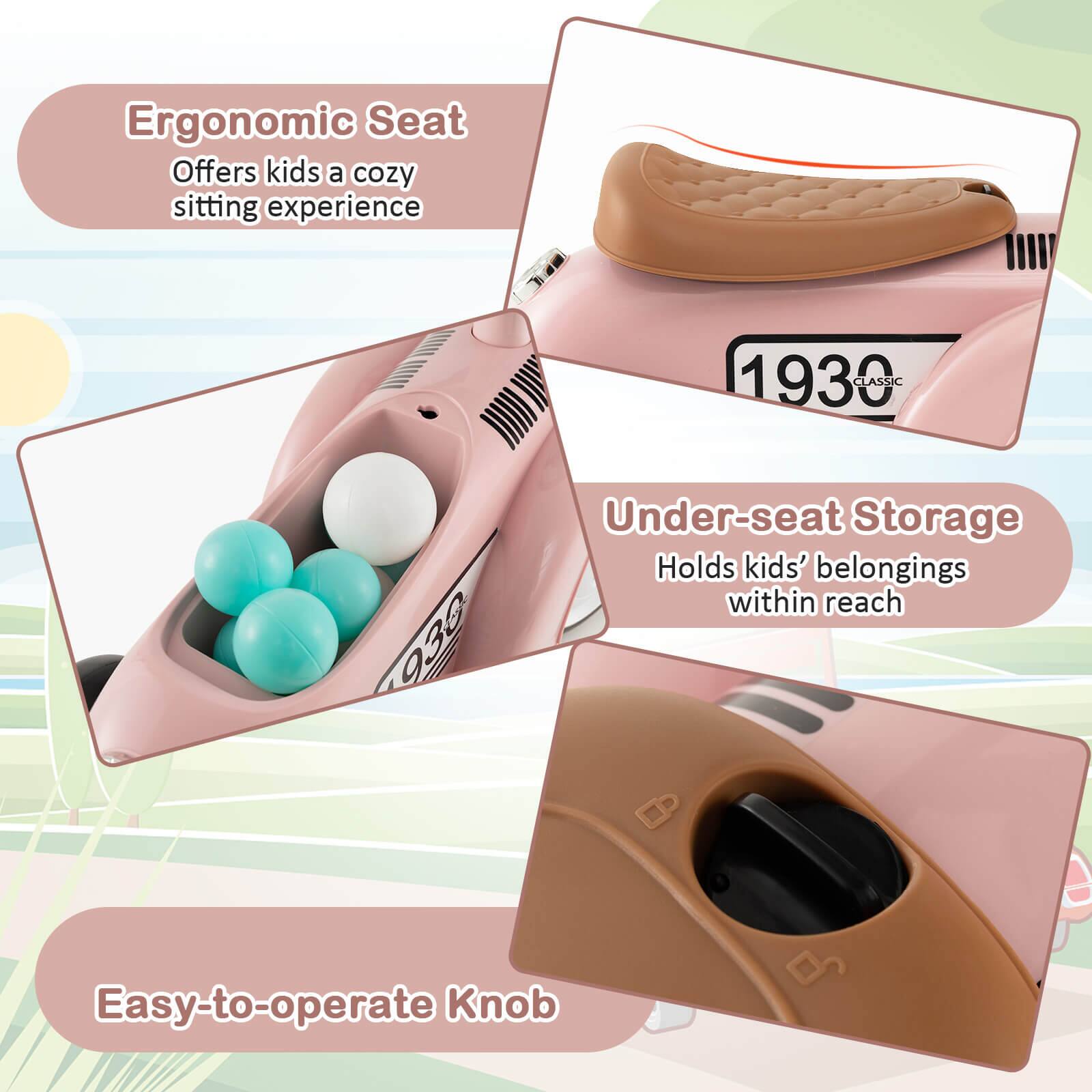 Ergonomic Seat  
Offers kids a cozy sitting experience

Under-seat Storage  
Holds kids' belongings within reach

Easy-to-operate Knob