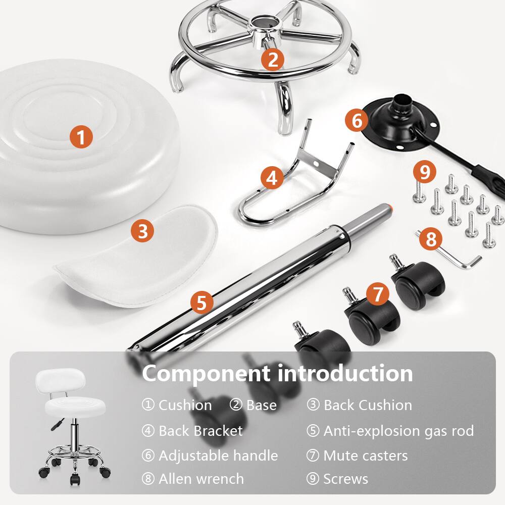 Component introduction

1. Cushion  
2. Base  
3. Back Cushion  
4. Back Bracket  
5. Anti-explosion gas rod  
6. Adjustable handle  
7. Mute casters  
8. Allen wrench  
9. Screws
