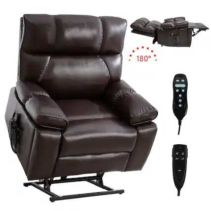 Front. LUCKY ONE - Leatheraire Dual Motor Power Lift Recliner Chair with Massage, Heat and Hidden Cup Holders - Brown.