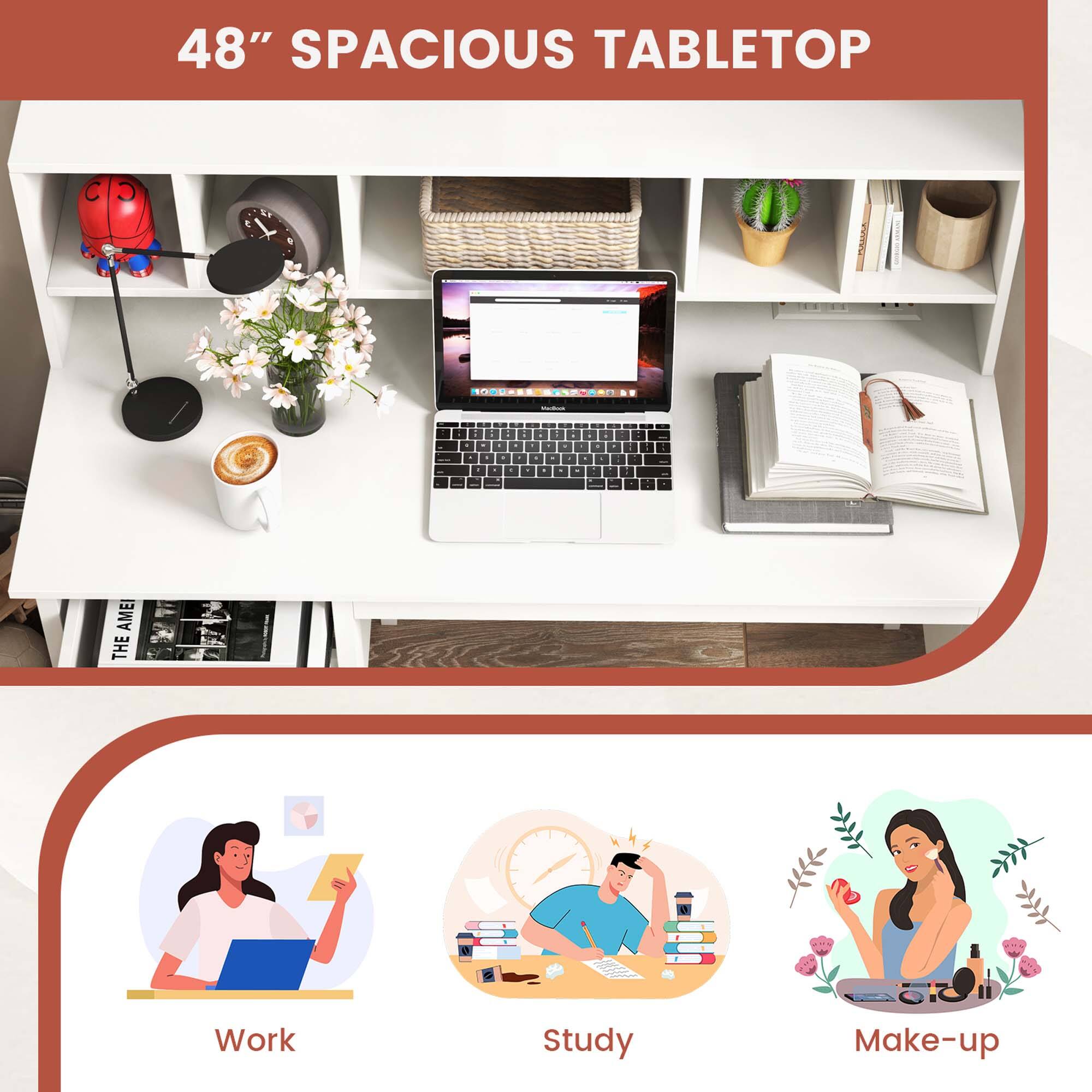 48" Spacious Tabletop: The image shows a table with a laptop, a book, a cup of coffee, and a vase of flowers on it. The table is described as being 48 inches in size, providing ample space for work, study, and other activities.