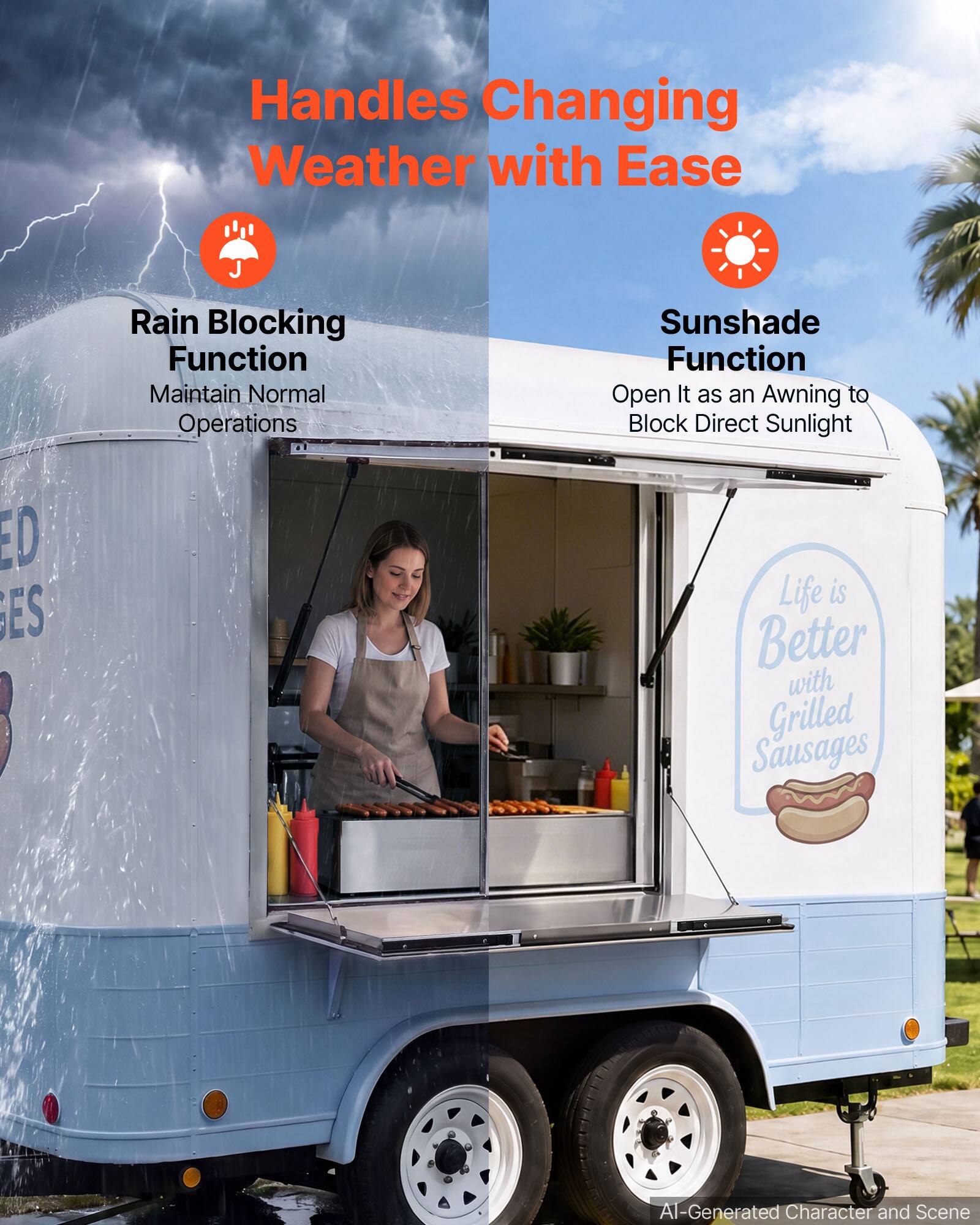 Handles Changing Weather with Ease  
Rain Blocking Function  
Maintain Normal Operations  
Sunshade Function  
Open It as an Awning to Block Direct Sunlight  
Life is Better with Grilled Sausages  
AI-Generated Character and Scene