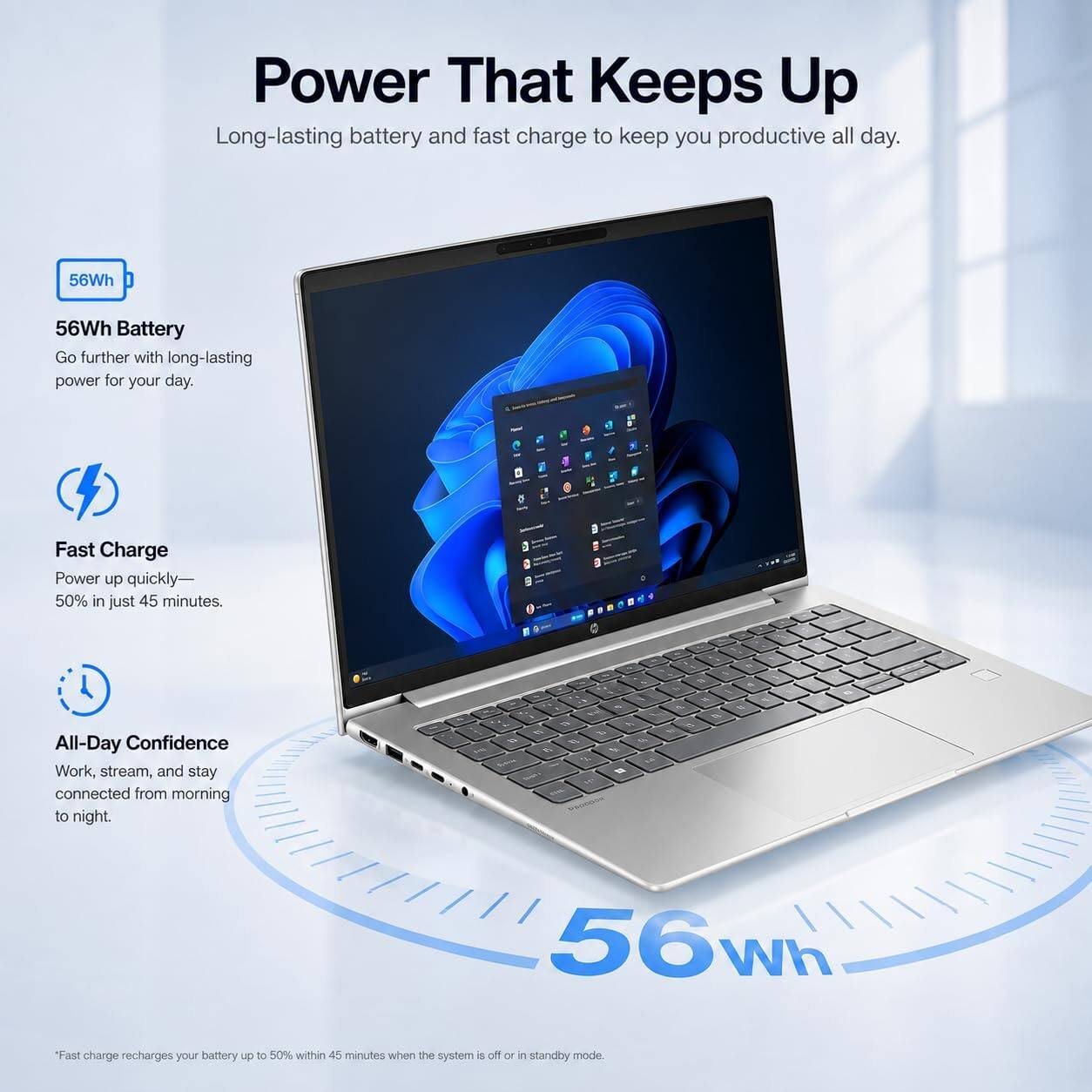 Power That Keeps Up  
Long-lasting battery and fast charge to keep you productive all day.

56Wh  
56Wh Battery  
Go further with long-lasting power for your day.

Fast Charge  
Power up quickly—50% in just 45 minutes.

All-Day Confidence  
Work, stream, and stay connected from morning to night.

"Fast charge recharges your battery up to 50% within 45 minutes when the system is off or in standby mode.
