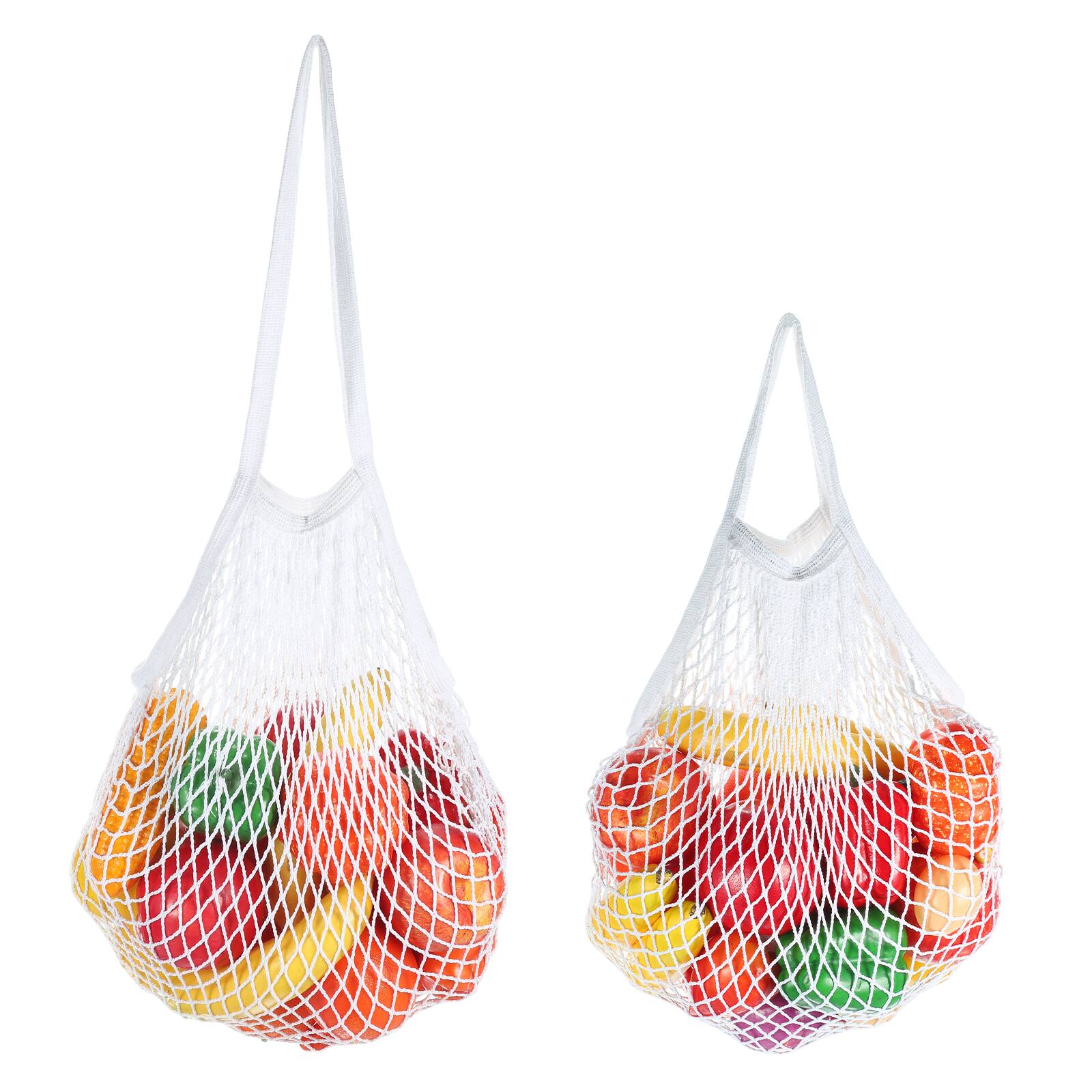 Front. Unique Bargains - 2pcs Reusable Mesh Produce Bag, Washable Net Portable Fruit Veg Bag, Cotton String Long+Short Handle for Grocery - White.