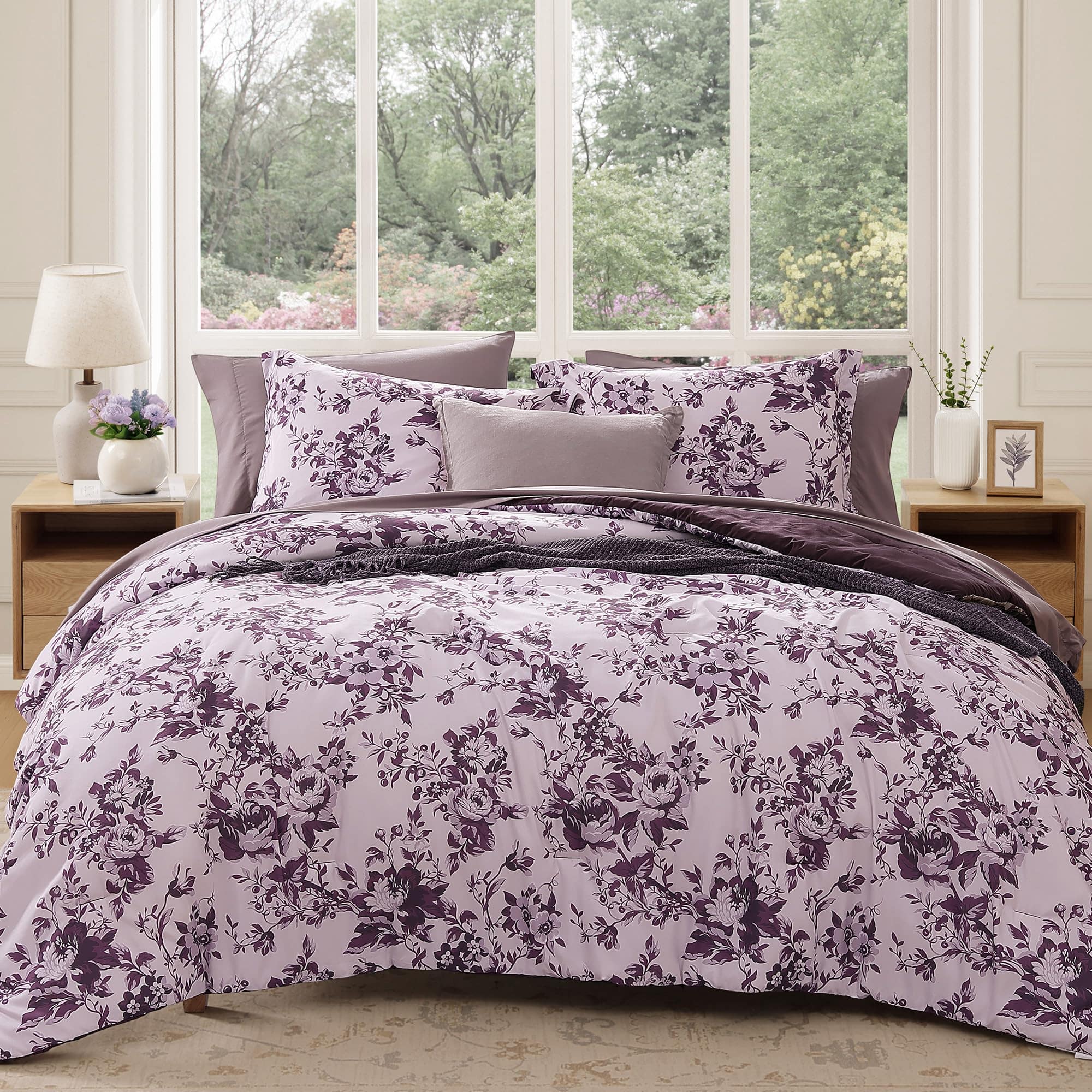 NICHOLAS KLEIN - Queen Comforter Set - Floral For All Seasons Bed In A Bag With Botanical Flowers Sheets Pillowcases Shams - Deep Purple King