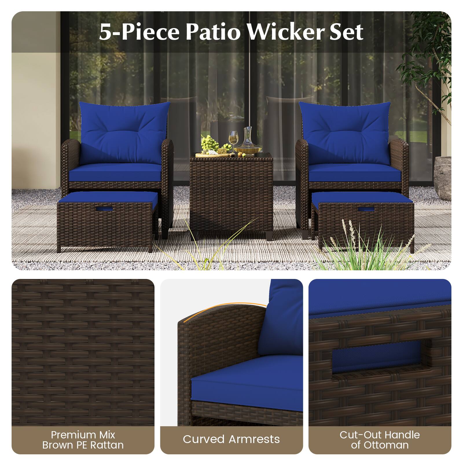 5-Piece Patio Wicker Set Premium Mix Brown PE Rattan Curved Armrests Cut-Out Handle of Ottoman