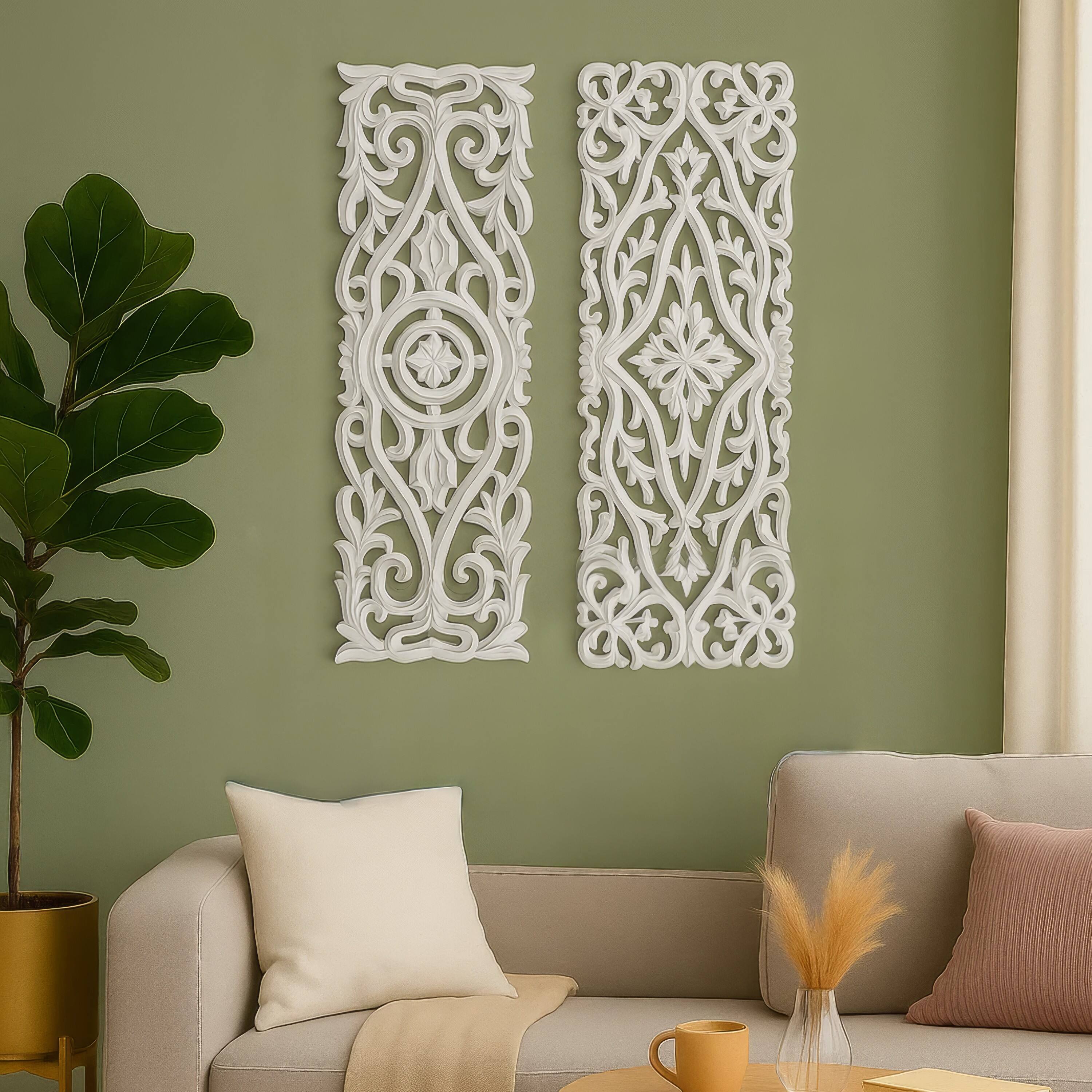 Alt View 8. Manhattan Lane - Ozy Carved Wall Art Panel Set of 2 | Handcrafted Ornate Decor | 16x48 - White.