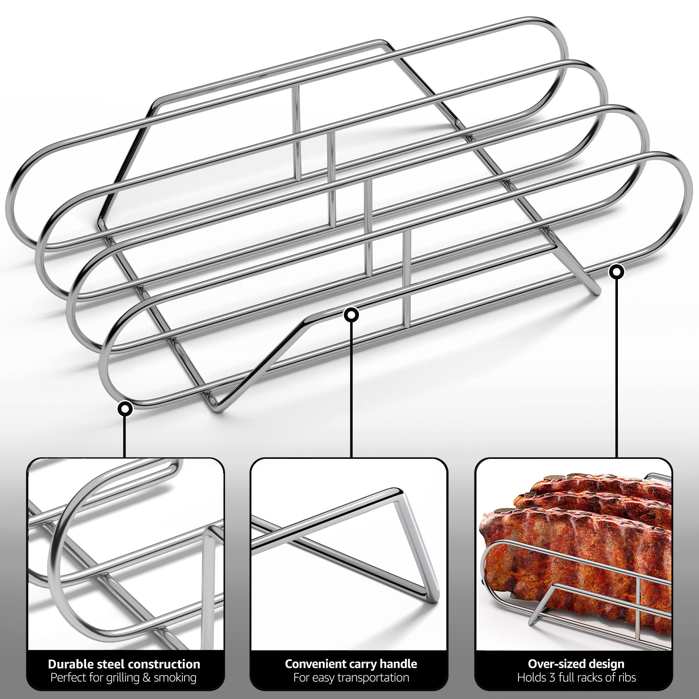 - Durable steel construction  
  Perfect for grilling & smoking

- Convenient carry handle  
  For easy transportation

- Over-sized design  
  Holds 3 full racks of ribs