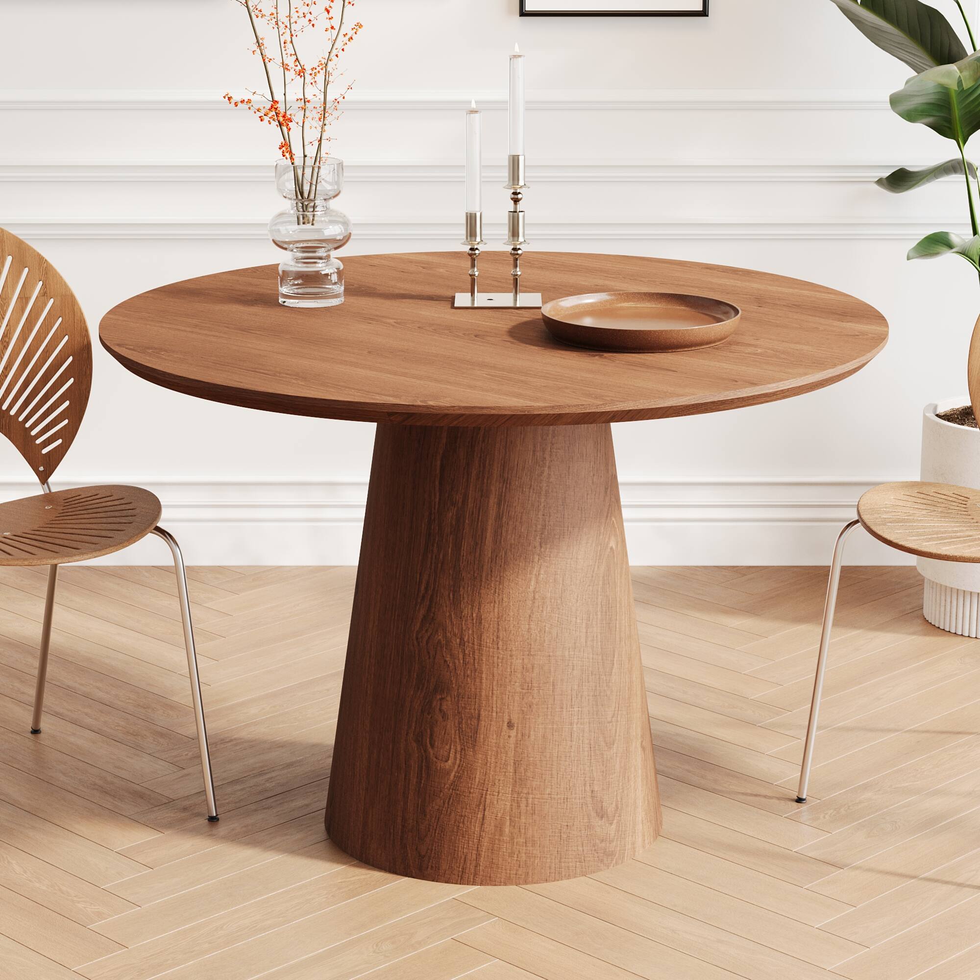 Angle. Tiramisubest - 43 inch circular dining table, modern minimalist round table, MDF grain dining table, one handle and two packs - Walnut.