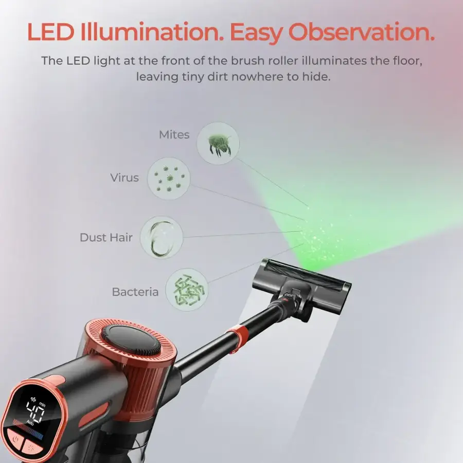 LED Illumination. Easy Observation. The LED light at the front of the brush roller illuminates the floor, leaving tiny dirt nowhere to hide. Mites, Virus, Dust, Hair, Bacteria, and Mold are all visible under the light, making it easy to observe and clean the floor.