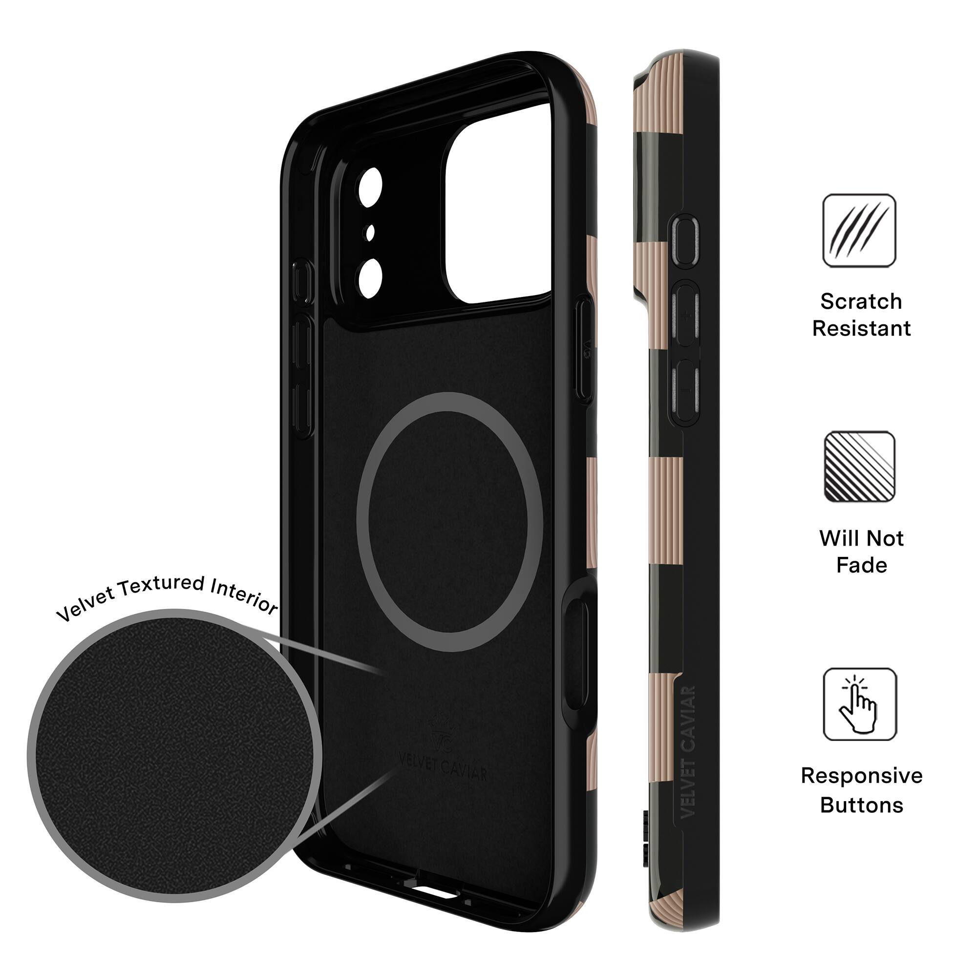 - Scratch Resistant
- Velvet Textured Interior
- Will Not Fade
- Responsive Buttons