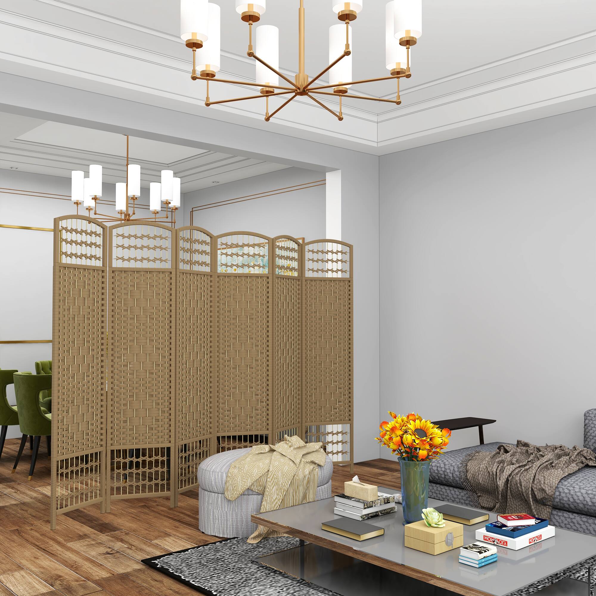 Alt View 1. Homcom - 6 Panel Room Divider, Folding Privacy Screen, 5.6' Room Separator, Wave Fiber Freestanding Partition Wall Divider - Natural Wood.