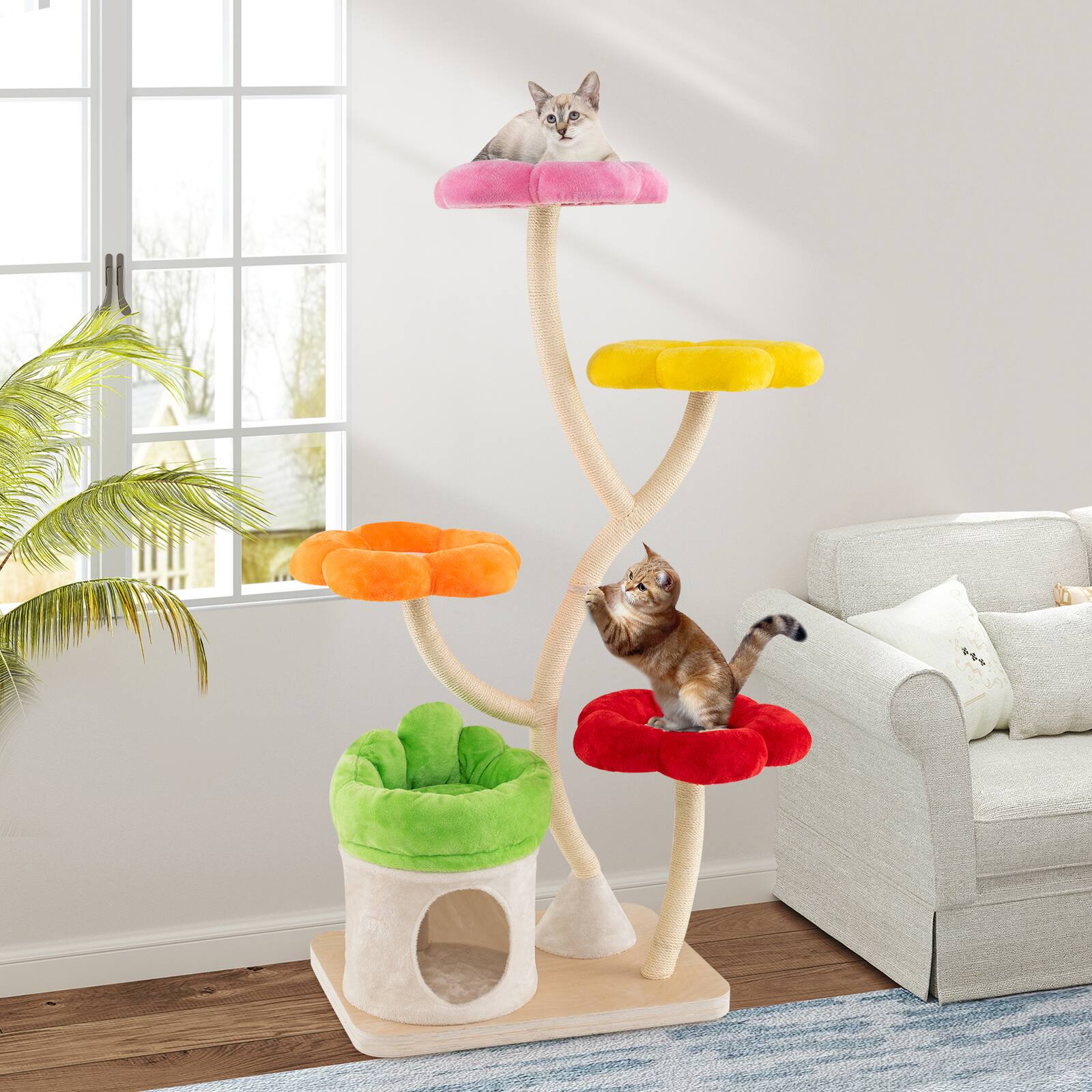 Alt View 1. Gymax - Gymax 64'' Multi-layer Cat Tower w/4 Colorful Flower-shaped Platforms Scratching Posts - GYM17815.