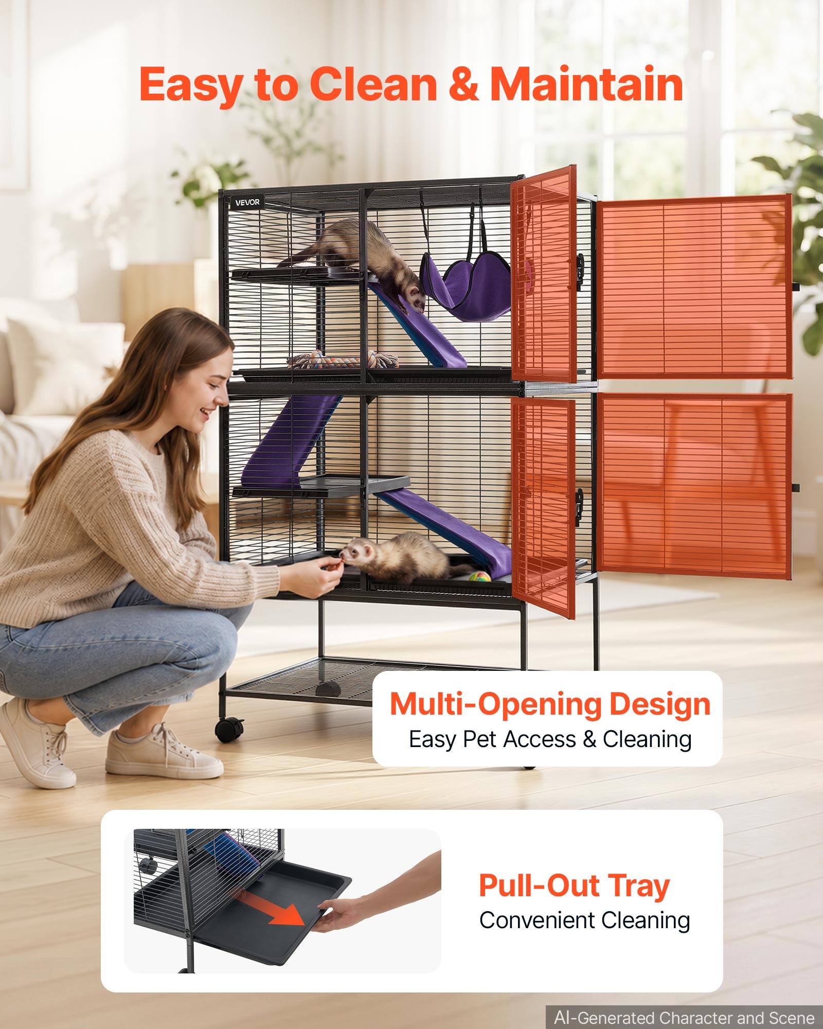 Easy to Clean & Maintain

VEVOR

Multi-Opening Design
Easy Pet Access & Cleaning

Pull-Out Tray
Convenient Cleaning

AI-Generated Character and Scene