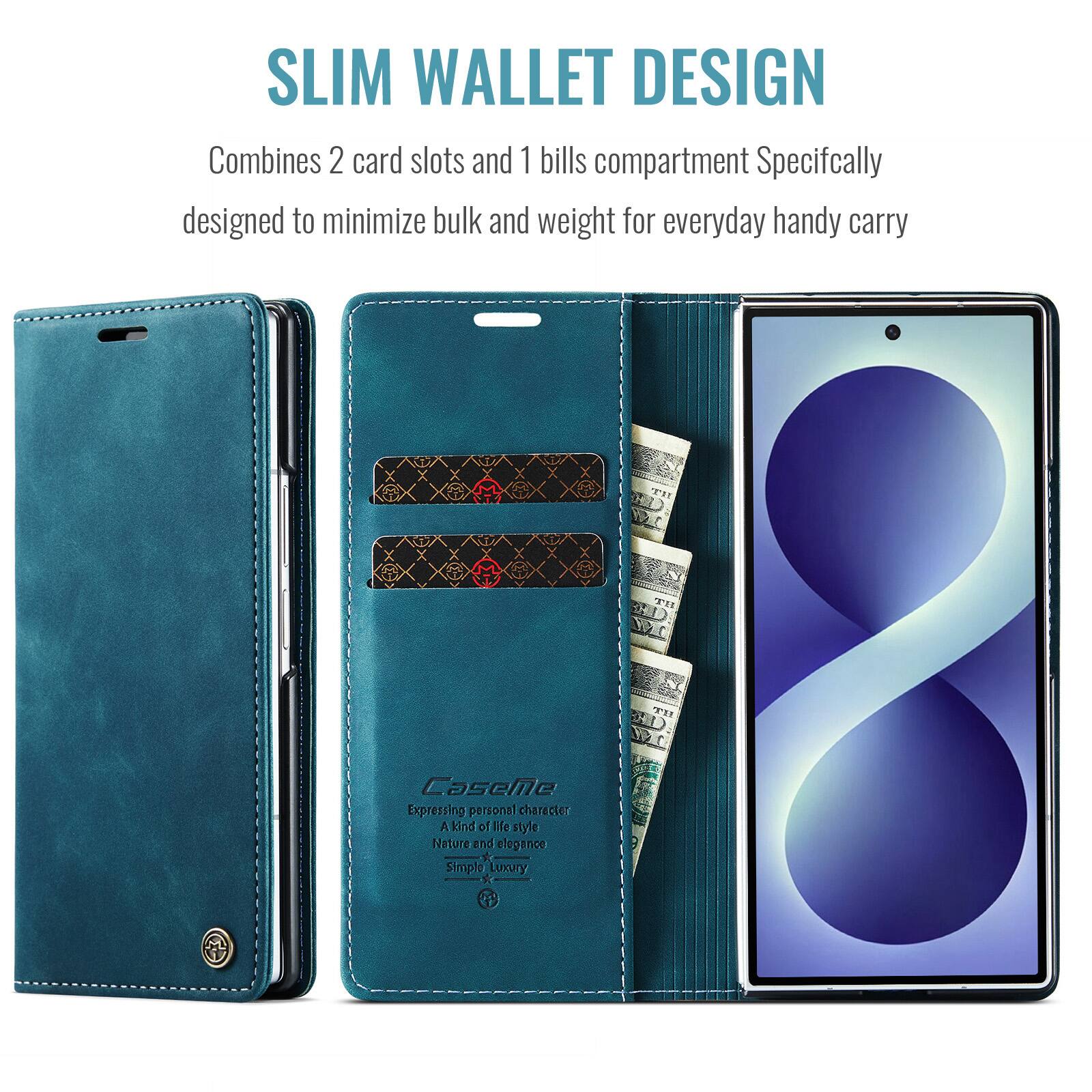 SLIM WALLET DESIGN  
Combines 2 card slots and 1 bills compartment  
Specifically designed to minimize bulk and weight for everyday handy carry  

Caseme  
Expressing personal character  
A kind of life style  
Nature and elegance  
Simple Luxury