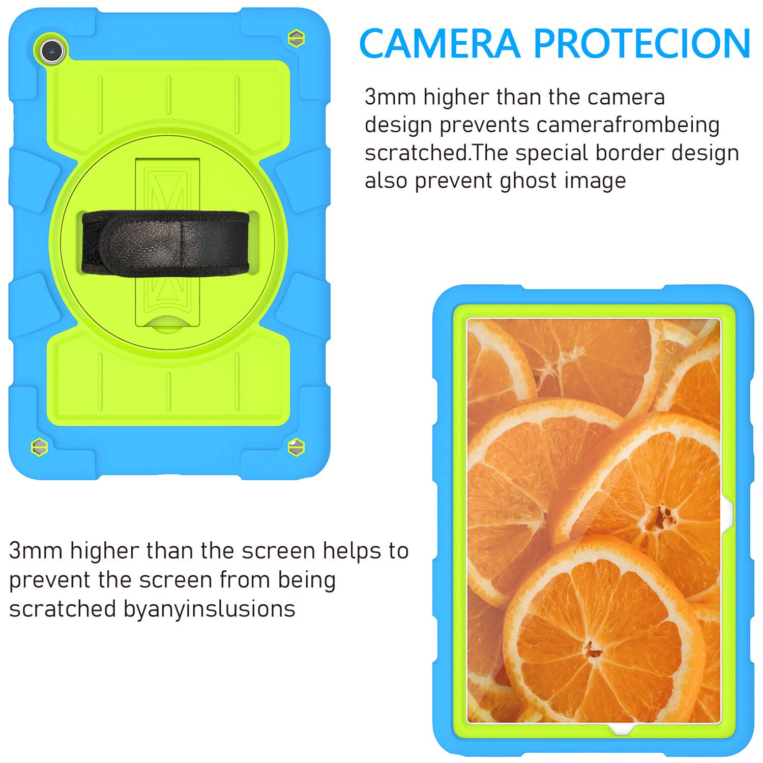 CAMERA PROTECION  
3mm higher than the camera design prevents camera from being scratched. The special border design also prevents ghost image.  

3mm higher than the screen helps to prevent the screen from being scratched by any inclusions.