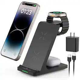 Luckbyte - 3 in 1 Wireless Charging Station Stand for Phone, Earbuds and Watch, Fast Charging Dock, Black