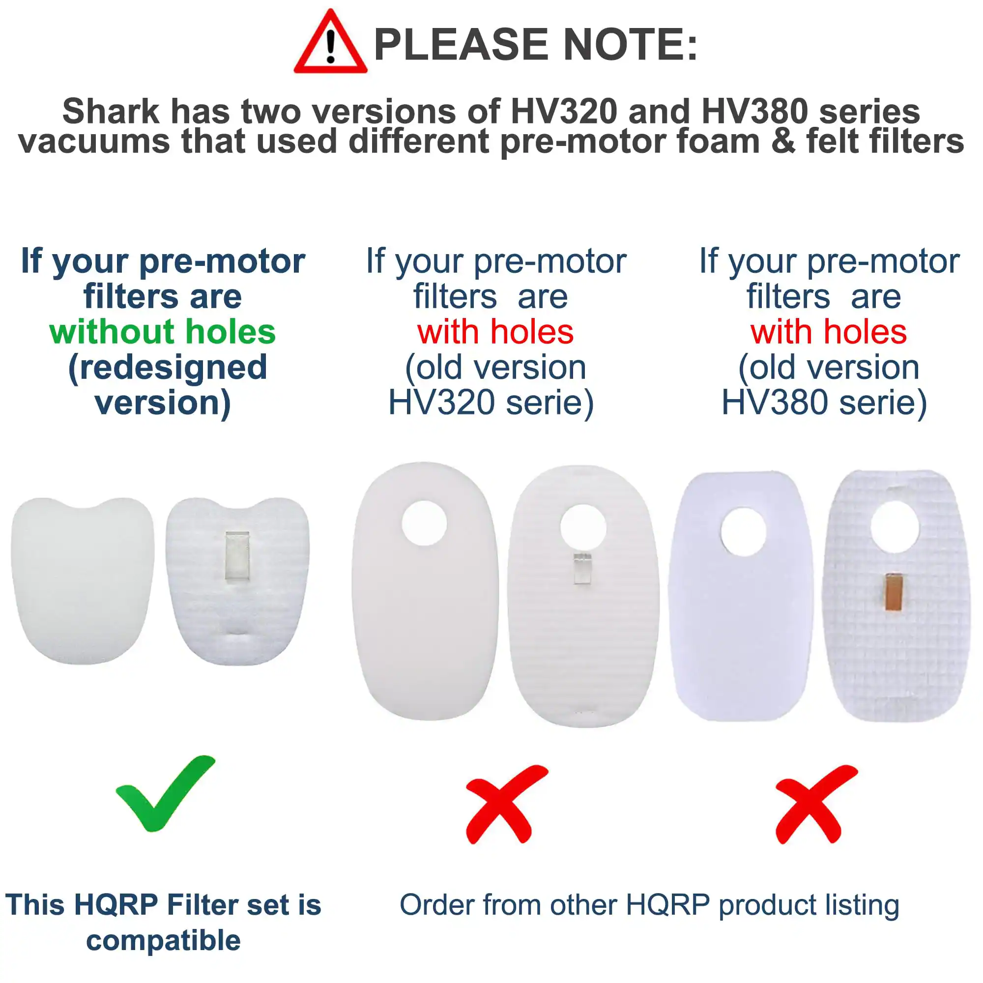 PLEASE NOTE:  
Shark has two versions of HV320 and HV380 series vacuums that used different pre-motor foam & felt filters.

- If your pre-motor filters are **without holes** (redesigned version)  
  This HQRP Filter set is compatible.

- If your pre-motor filters are **with holes** (old version HV320 serie)  
  Order from other HQRP product listing.

- If your pre-motor filters are **with holes** (old version HV380 serie)  
  Order from other HQRP product listing.