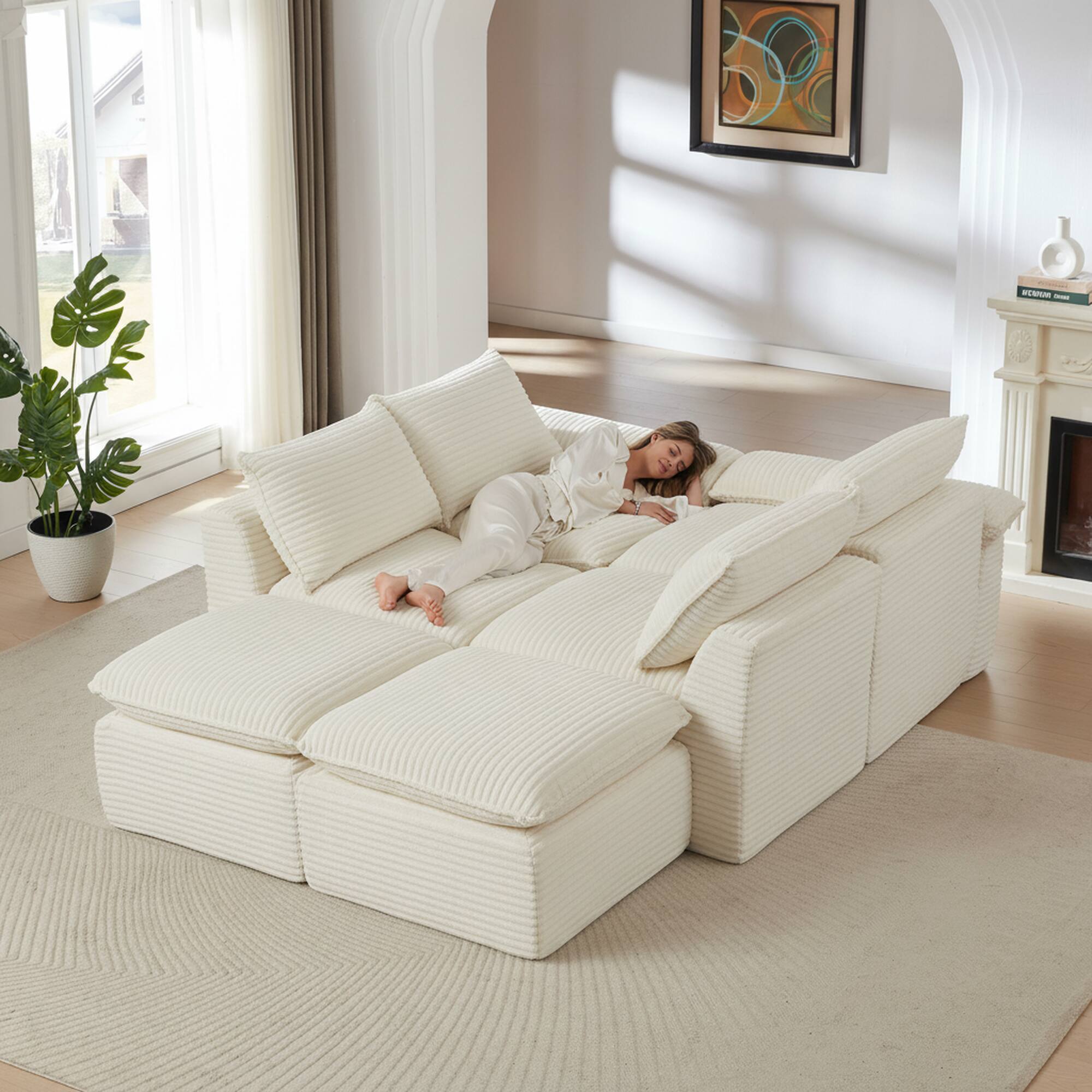 Angle. Loheer - Loheer- Modern Corduroy Cloud Couch Sectional Freely Combined Modular Sofa For Apartment Living Room 8.46x6.56x2.95 ft - White.
